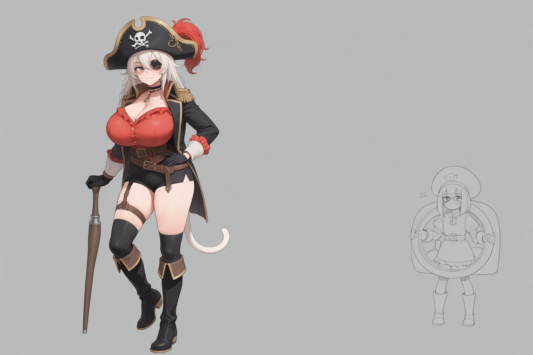 masterpiece, best quality, amazing quality, very aesthetic, absurdres, newest, solo, mouse girl, wearing pirate attire, pirate hat,pirate dress,grey fur, , body fur, simple background