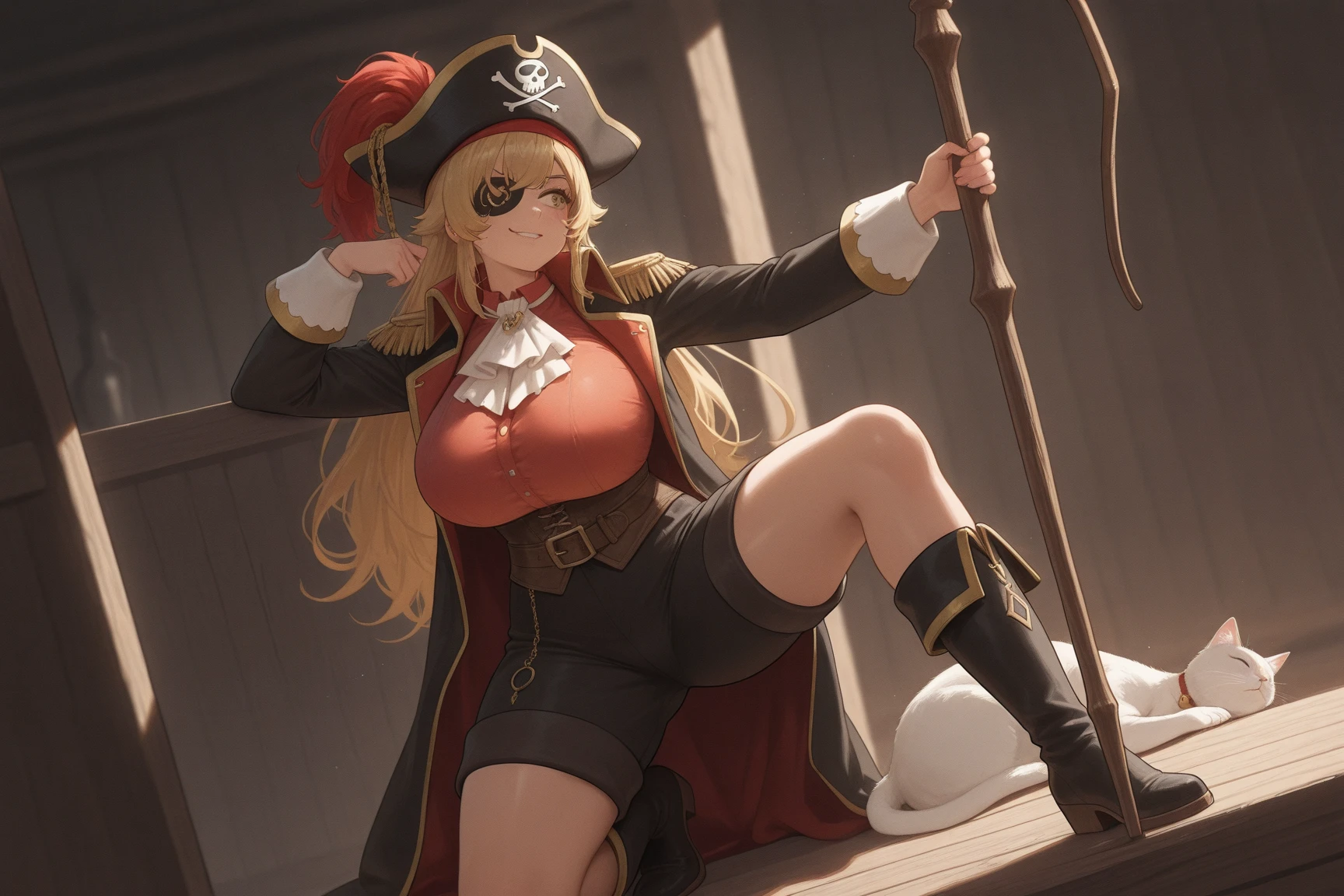 pirate captain outfit with pirate hat, red jacket with gold tassels, white frilly blouse, black pants, brown thigh high boots, eye patch, massive breasts, massive hips, massive thighs, massive calves, slender waist, hourglass figure, shiny black pantyhose, piloting a wooden ship, detailed eyes, leggings, 4K high resolution (nsfw:1)