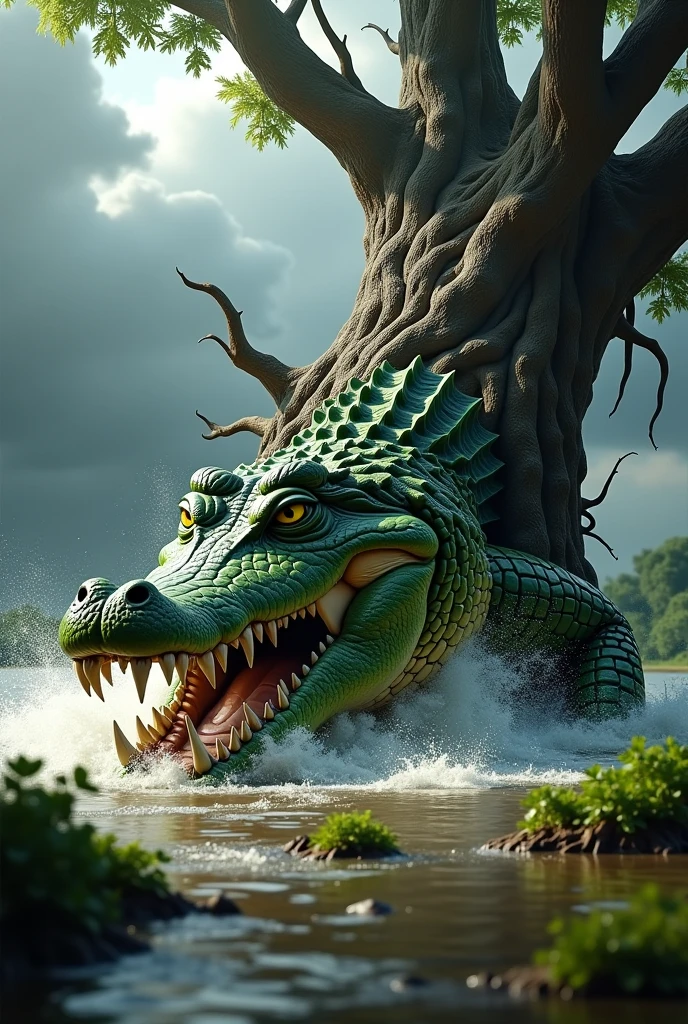 Create a crocodile swimming in a flood and being crushed by an animated 3d tree