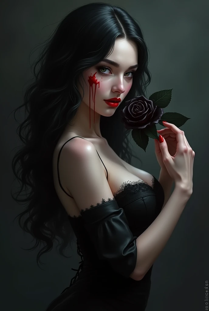Top quality, best quality, dark, horror, terror, agony, real photo, woman with real skin, realistic, real woman, real woman, american woman, black hair, blue colored eyes, with a short, dirty and torn black dress, holding in her hands red roses. --auto --s2