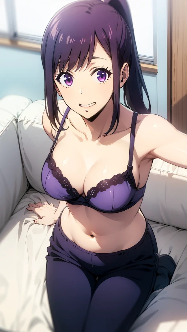Create a 24-year-old anime girl with a plunging neckline in a purple dress in a shopping mall landscape with a face of love.