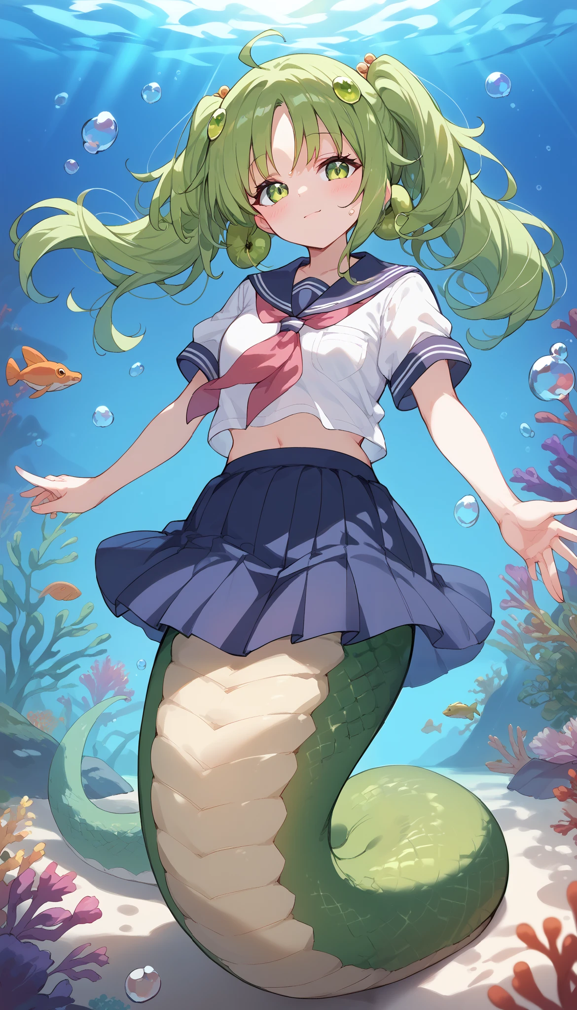 Fraction_9,Fraction_8_up,Fraction_7_up,Fraction_6_up,Fraction_5_up,Fraction_4_up,close-up,(zPDXL3), ( masterpiece), ( Best Quality),( full five fingers),
1 Girl, unique ,Catch Cordyceps Sera , green hair,Twin ponytails, green eyes ,school uniform,
Ahog,Hair accessories, blush,lamia,The green snake tail ,Full body picture,(Underwater:1.2),seabed