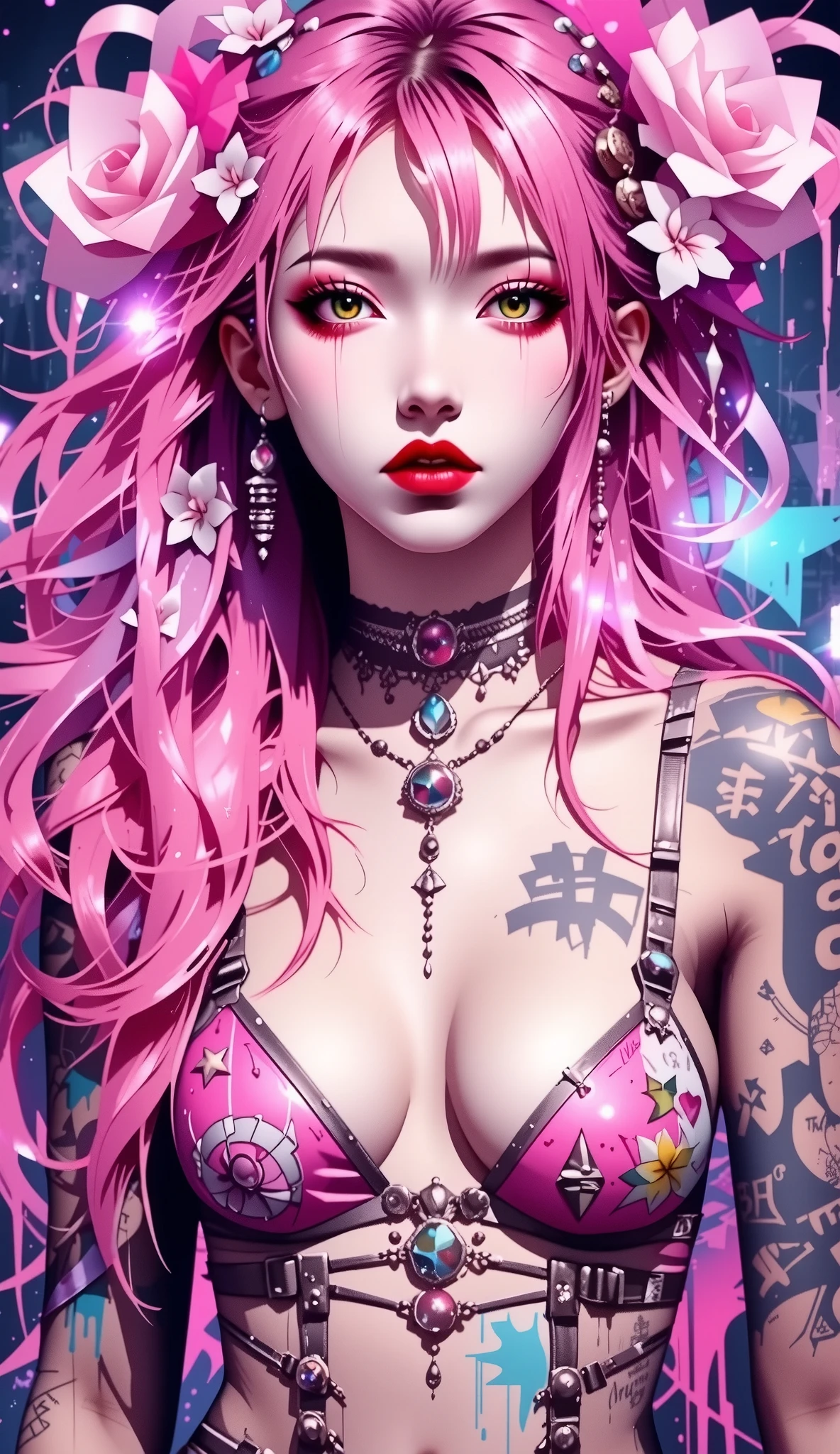 One girl、((tattoos)), Excellent anatomy, masterpiece, Highest quality,Realistic, hyperRealistic, 16k hdr,NSFW、Long pink Hair、Straight Hair、bangs、freckles、high school girl、Slender、Slender body、asian high school girl, huge breasts, cleavage, Lewd, horny, (((sexual gaze))), huge breasts, cleavage, (((neon pink monochromatic color palette))), (((sexy pose))), big pink eyes, neon pink micro bikini, luminescence, ulzzang, portrait, (anime), manga, sexy, submissive, (((crying))), ((seductive)), ((heavy blushing)), shy, tease, 8ｋ, Highest quality, masterpiece, Sharp focus, ((shiny skin)), ((naughty girl)), neon pink background,
