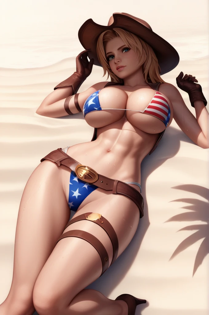 ((Highly detailed illustration)), High resolution, ((extremely detailed and 美しい background)), (Professional illustrations), (Official Art), ((Ultra-precise depiction)), ((Ultra-detailed depiction))、American flag bikini、Cowboy hat、Blonde、Beauty、Wilderness landscape、blue eyes cowboy boots、Western gun on belt