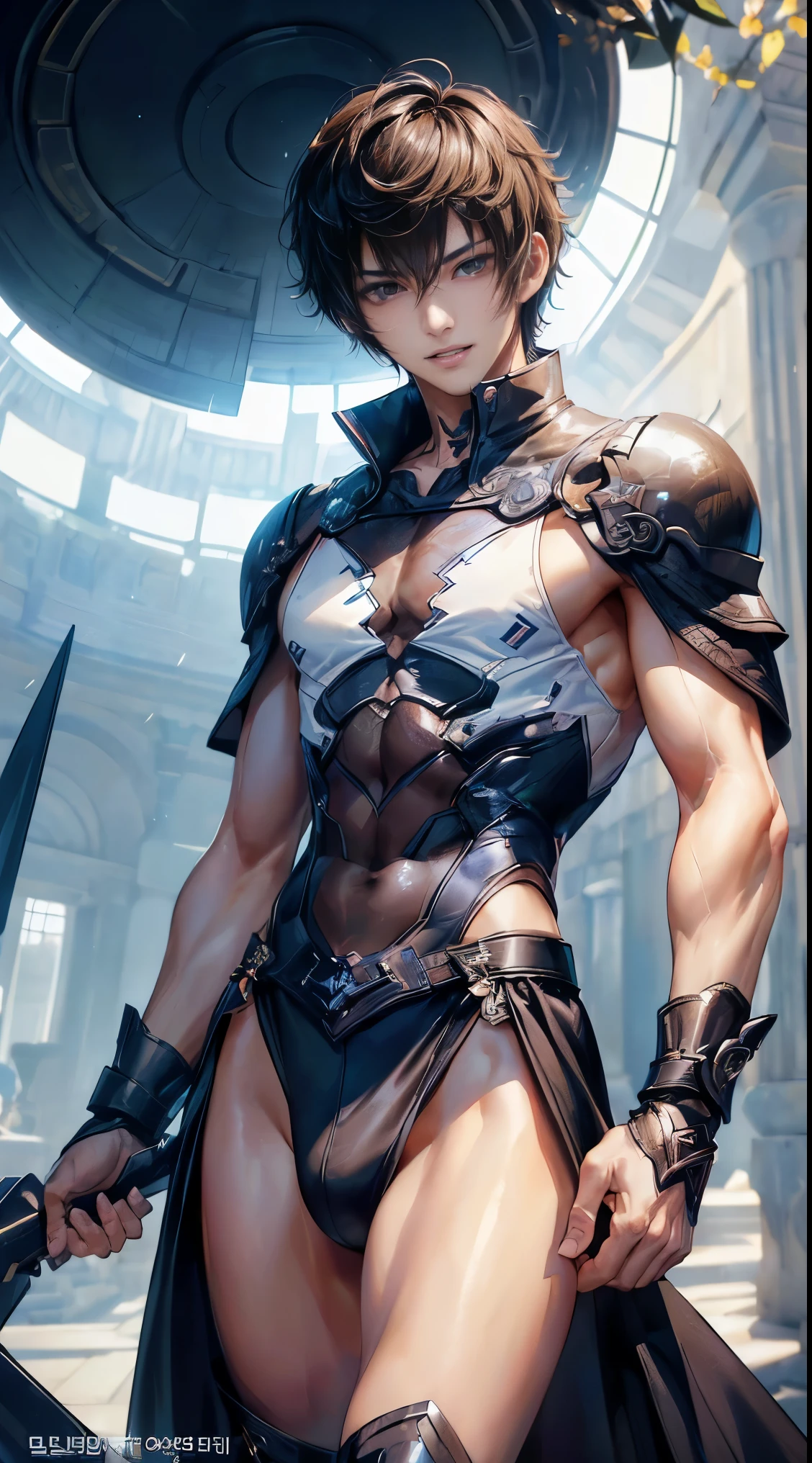 An epic and visually stunning digital artwork featuring a mid-30's masculine male with an angular facial structure and a flat masculine chest. The character is adorned in a heavy dieselpunk style with a heavy metal aesthetic, wearing eyeshadow for added intrigue. The image showcases the beauty and elegance of the character, who is wearing mechanical armor plating. The character has bright piercing orange eyes that stand out against their pure white armor plating. The armor is gorgeously engraved and resembles an armored trench coat. The character also possesses androgynous features, with mechanical muscled arms adding to their unique appearance.