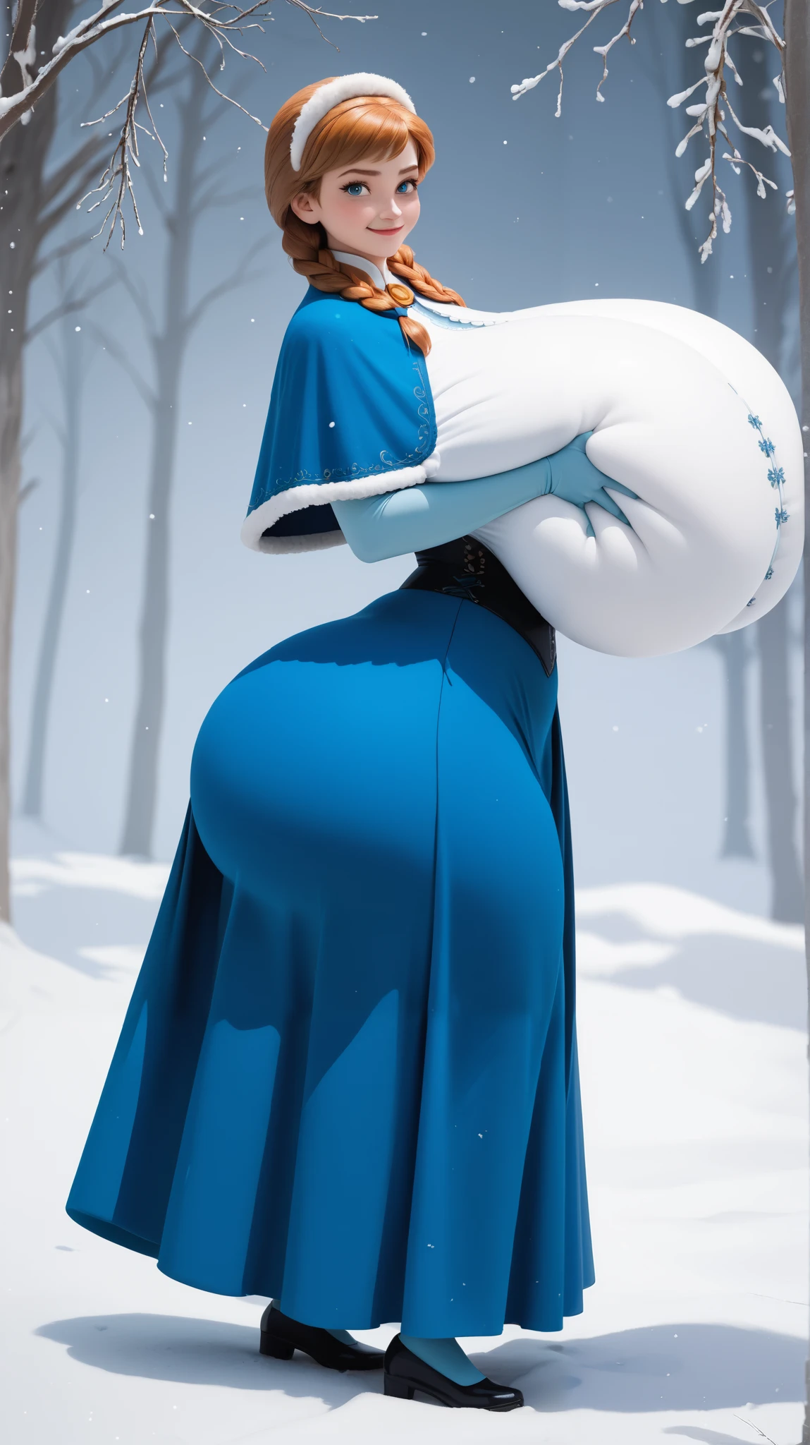 Disney Princess Anna with gigantic breasts, ((((((gigantic breasts)))))), (breast squeeze), (((gigantic butt))), ((from side)), AnnaXLP, blue dress, long skirt, elbow gloves, cape, capelet, corset, twin braids, narrow waist, wide hips, thick thighs, looking at viewer, smirk, full body, winter background, (((fully clothed)))