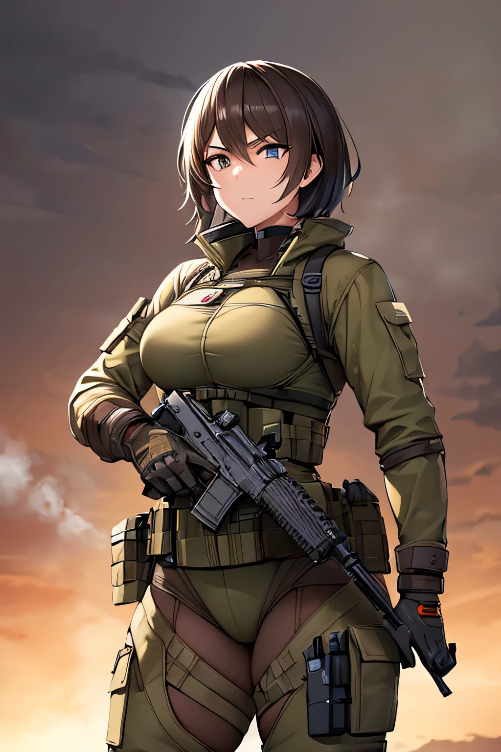 A stunning and highly detailed portrait of a confident and skilled female American soldier with a glamorous and athletic build. She has short dark brown hair styled in an undercut, sharp amber eyes, and healthy brown skin. She is wearing a tactical bikini-style gear made of high-tech bulletproof material, with utility pouches and holsters attached to her outfit. Her expression is serious and determined, exuding strength and professionalism. The background is a dynamic battlefield with subtle smoke and light effects. Ultra-realistic textures, cinematic lighting, 4K resolution.



