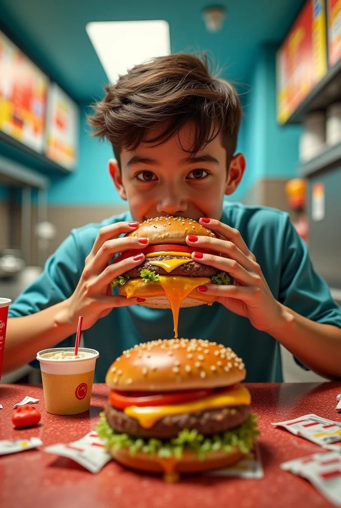 A boy sees a big hamburger with layers of goodies on an advertising board