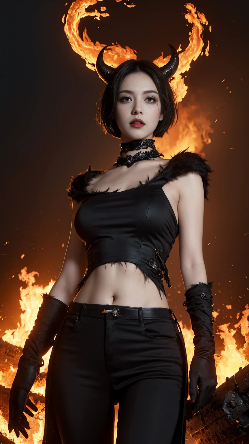最high quality, 1 girl, (Dakotsky:1.0), black eye, pixie cut, (big breasts), cleavage、blush, ho、(((black background)))、masterpiece, 最high quality, high quality, High resolution、fiery, surrounded by flames, dota2 fire girl style,