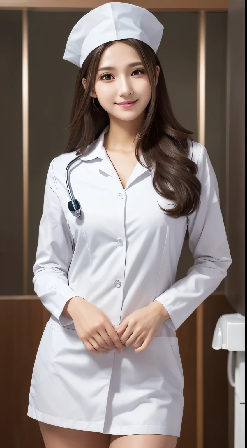 (highest quality,in 8K,masterpiece:1.3),(超A high resolution,Photorealistic:1.4,RAW shooting),(Ultra-detailed,Caustics,Perfect Anatomy),(Ultra-detailed background,Ultra-Realistic Capture,Beautiful and detailed eyes),(hospital room:1.1),(a white nurse uniform:1.1),nurse cap,Stand,Japanese,20-year-old,cute,smile,black long hair, Gal, Staring at this,Confused expression, Dynamic Lighting,Photographed from the front,long sleeve, Poses that accentuate the chest,full body