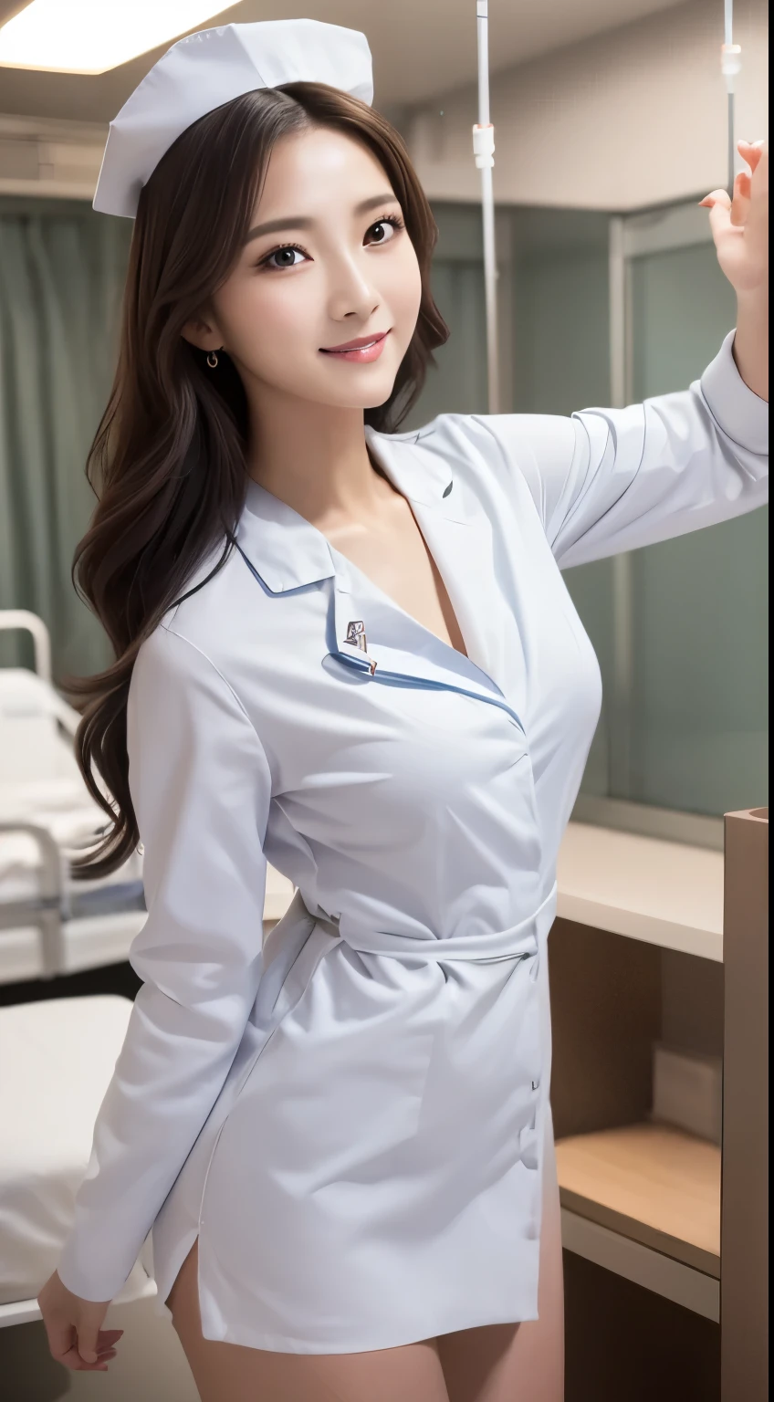 (highest quality,in 8K,masterpiece:1.3),(超A high resolution,Photorealistic:1.4,RAW shooting),(Ultra-detailed,Caustics,Perfect Anatomy),(Ultra-detailed background,Ultra-Realistic Capture,Beautiful and detailed eyes),(hospital room:1.1),(a white nurse uniform:1.1),nurse cap,Stand,Japanese,20-year-old,cute,smile,black long hair, Gal, Staring at this,Confused expression, Dynamic Lighting,Photographed from the front,long sleeve, Poses that accentuate the chest,full body