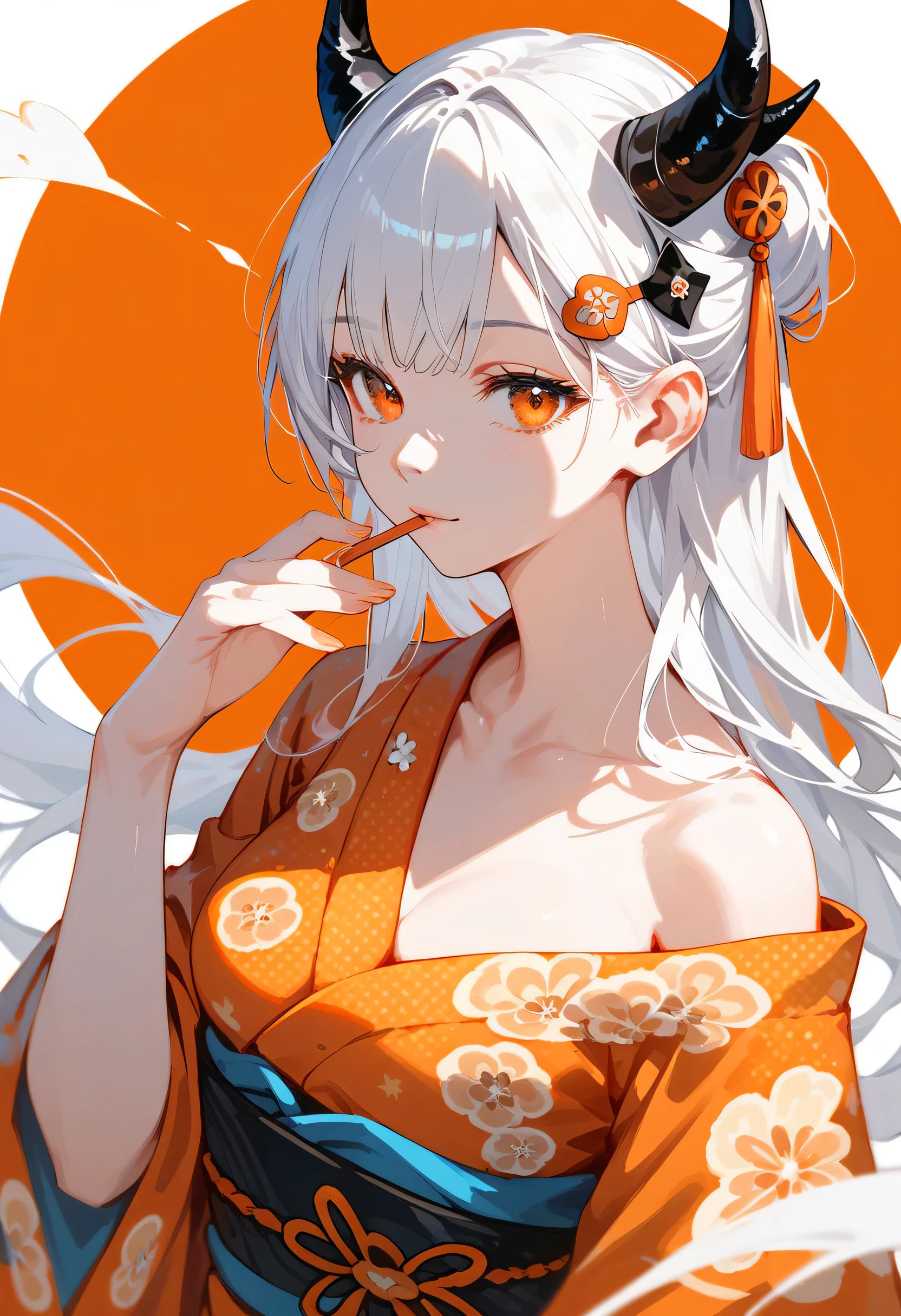 girl, long hair, I have collected ,I have hairpins ,White hair, Wearing an orange-patterned kimono, with orange eyes ,Black horn, Medium chest , Beautiful ,