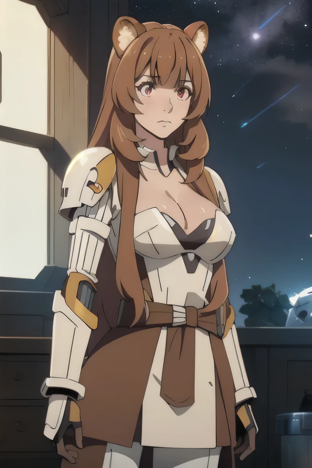 1 girl in, 18, photo of Raphtalia, Shield Hero Waifu, photo of perfect woman, Solo, Aesthetic artwork, (long hair, straight brown hair, long hair, brown hair, bangs: 1.25), (girl, raccoon girl, raccoon ears, animal ears, red eyes: 1.2), (clear skin, fare skin, medium breasts, B-cup, runners body, very thin waist, skinny, petite, detailed skin texture, (Masterpiece), (cleavage, focus on breasts:1.2), (she wears stormtrooper armor, Star Wars Stormtrooper, pure white armor, full Stormtrooper cosplay: 1.22), (future sci-fi environment, midnight starscape, futuristic vehicles, detailed starfield background:1.1), (extremely detailed 8k wallpaper), soft lighting, high quality, film grain, 50mm, High Detail, Sharp focus, (natural light), (cowboy photo:1.2), light particles