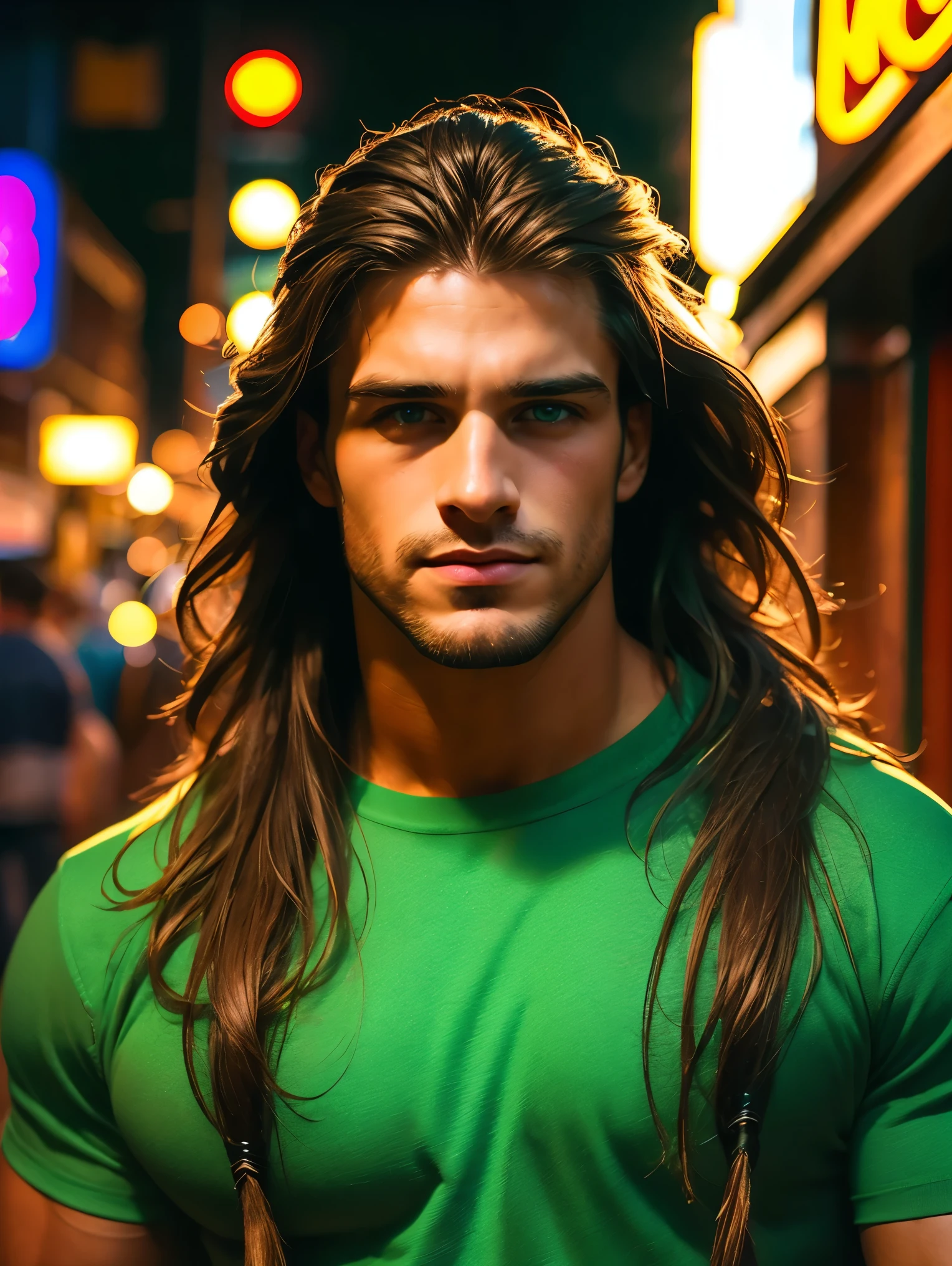 1man, 35 years old, bodybuilder, very muscular, Portrait photo of a handsome man wearing a plaid flannel shirt, white t-shirt, jeans, long hair, brown hair, green eyes, dark brown skin, smile, (neon lights), sharp focus, futuristic city street, soft lighting, vibrant colors, facing camera, vibrant colors, realistic, masterpiece, best quality, cinematic, dynamic lighting, soft shadow, highest detail, professional photography, detailed background, depth of field, insane details, intricate, aesthetic, detailed face, subsurface scattering, realistic hair, realistic eyes,