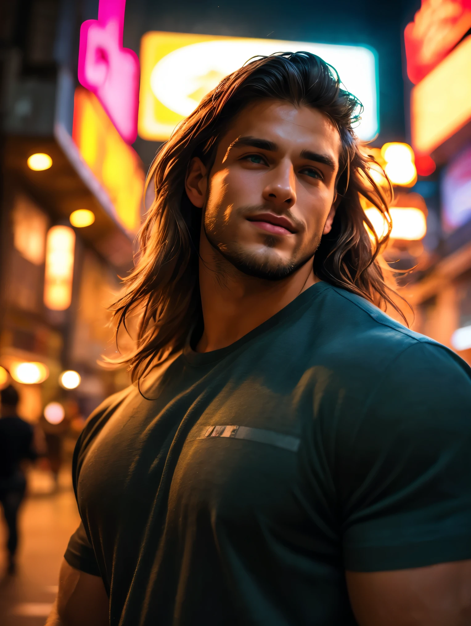 1man, 35 years old, bodybuilder, very muscular, Portrait photo of a handsome man wearing a plaid flannel shirt, white t-shirt, jeans, long hair, brown hair, green eyes, dark brown skin, smile, (neon lights), sharp focus, futuristic city street, soft lighting, vibrant colors, facing camera, vibrant colors, realistic, masterpiece, best quality, cinematic, dynamic lighting, soft shadow, highest detail, professional photography, detailed background, depth of field, insane details, intricate, aesthetic, detailed face, subsurface scattering, realistic hair, realistic eyes,