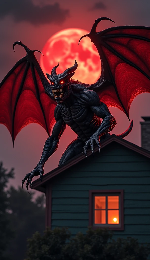 Grimsnarl is a pint-sized imp, standing at only two feet tall. His skin is a dark, ruddy red, tough and leathery, with a pair of small, black horns protruding from his forehead. His eyes are a glowing yellow, with a mischievous glint that always seems to be present. He has a pair of bat-like wings on his back, a wicked grin, and a long, pointed tail that flicks back and forth. (Fisheye lens), sadistic face:evil, trending in artstation 4K, (from above), fantasy city alley, (night), (scene lit by full moon:bioluminescent stars)=1