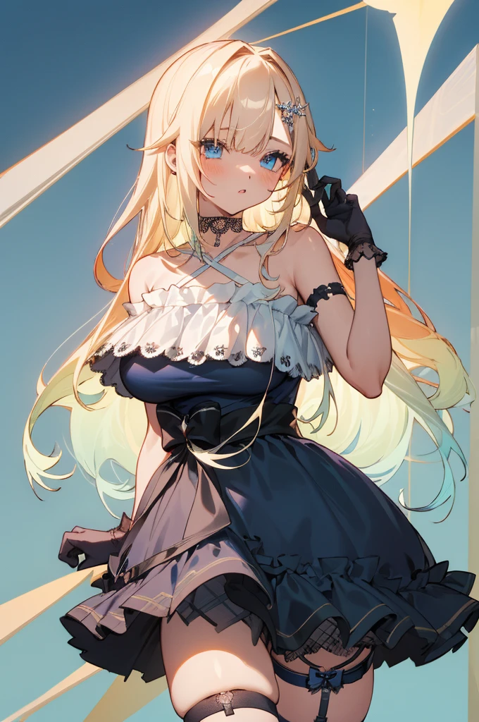 (masterpiece, Highest quality:1.2), alone, One girl, Aizawa Ema, smile, Mouth closed, View your viewers, squat, hair ornaments, dress, gloves, Black Choker, jewelry, Earrings,panties,