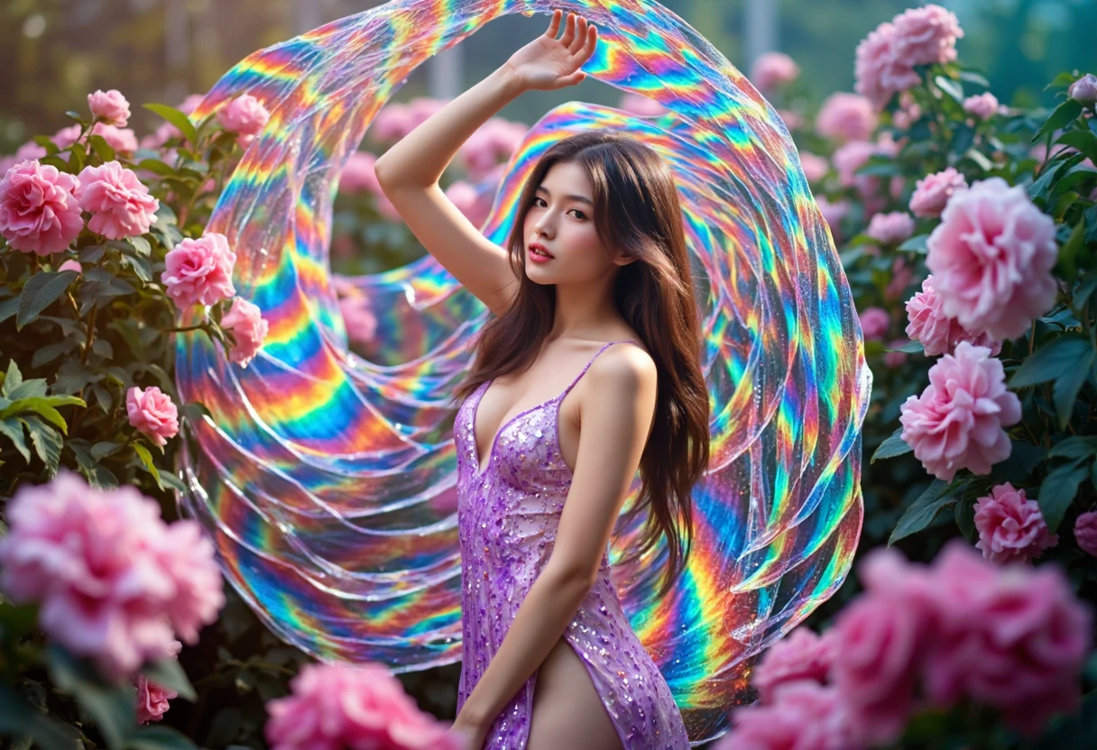 A beautiful asian woman wearing an intricate translucent rainbow color dress, showcasing breasts and thighs, intricately detailed, fantastical, soft light.