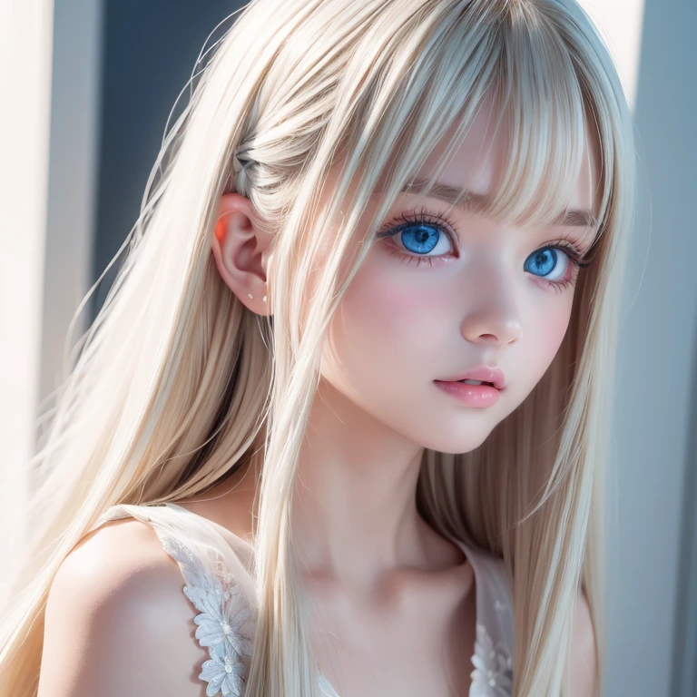 Beautiful Scandinavian girl with beautiful, shiny, bright blonde, mysterious hair.、Super long straight silky hair、Very beautiful shiny pretty face、Beautiful, glowing skin、Mysterious blonde light reflecting dazzlingly、Beautiful, cute, shining, pale, bright, sky blue, big eyes、Very big eyes、Beautiful super long shiny silky blonde hair、Messy bangs between the eyes、Cute little beautiful girl 16 years old、Blonde hair above the eyes、片Blonde hair above the eyes、Blonde hair between the eyes、Cheek highlighter、Small Face Beauty、Round face