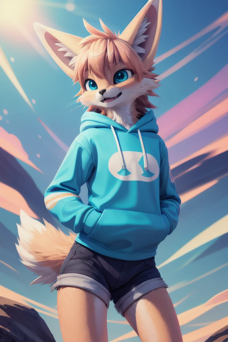 bicolor, (rexouium:1.1), cute expression, (hoodie), dynamic movements, render, anime, comic, soft fur, perfect composition, 2/3 up portrait, dynamic pattern, wearing shorts, teal light, good light, flowy hair, gorgeous defined eyes, sharp, in focus, sy3 style