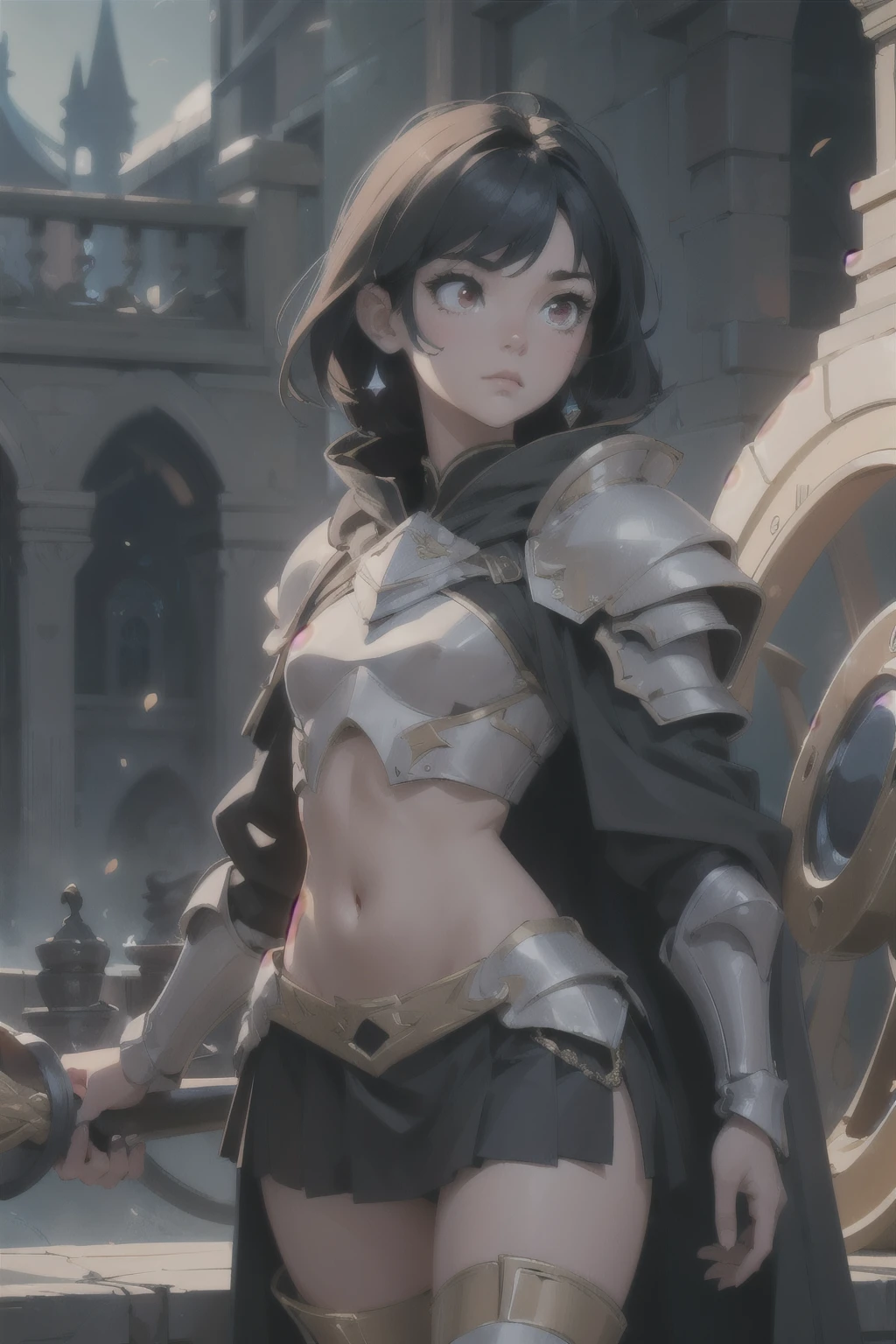 highres, best quality , is very detailed , Female knight, dark shield, Abdominal detection , Black feather cloak, short skirt , red eyes , Black hair طويل ومنحني, Overlooking the army , Fantasy style, area lighting , hourglass _ eggs form , high definition , 8k, Black hair, Small-breasted , wide-hip , wide-thigh , more detail of the body ,Very interesting