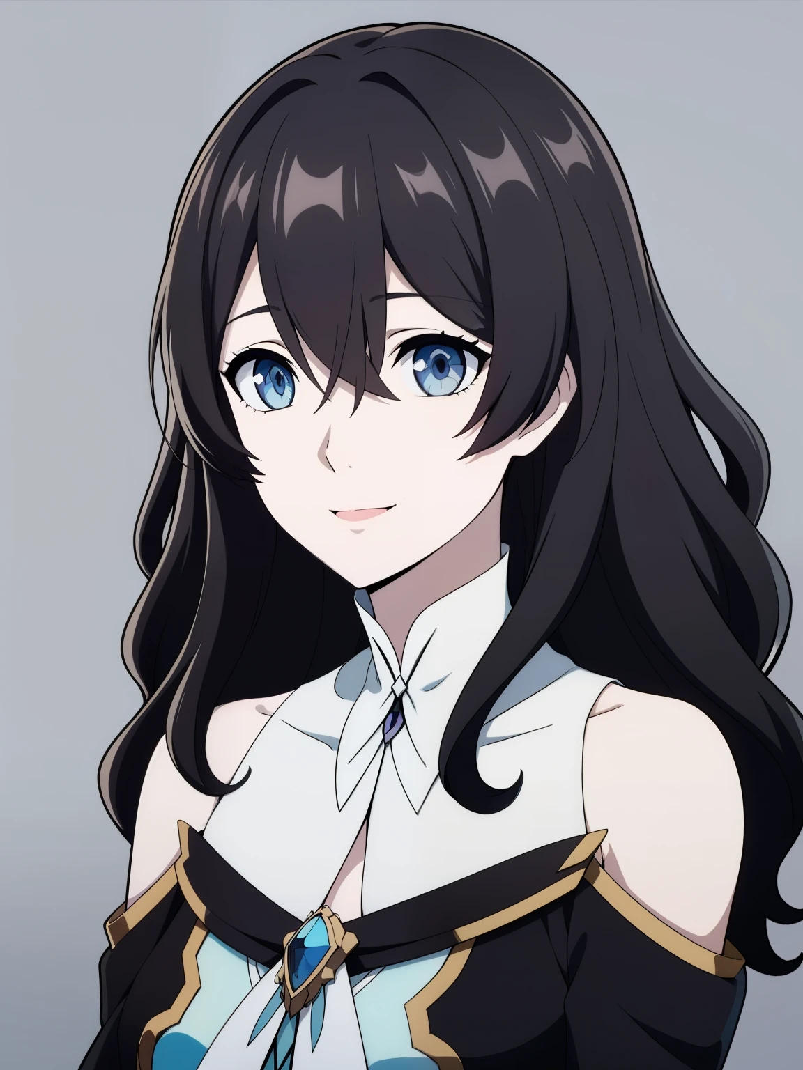 (high-quality, breathtaking),(expressive eyes, perfect face) 1girl, female, solo, black hair, medium hair length, brown blue eyes, cute smile, positive expresion, black background, portrait, symmetrical eyes, pale skin, sickly, hair between eyes, long sleeves, white dress, bare shoulders, jacket, firefly, grey background, wavy curly hair
