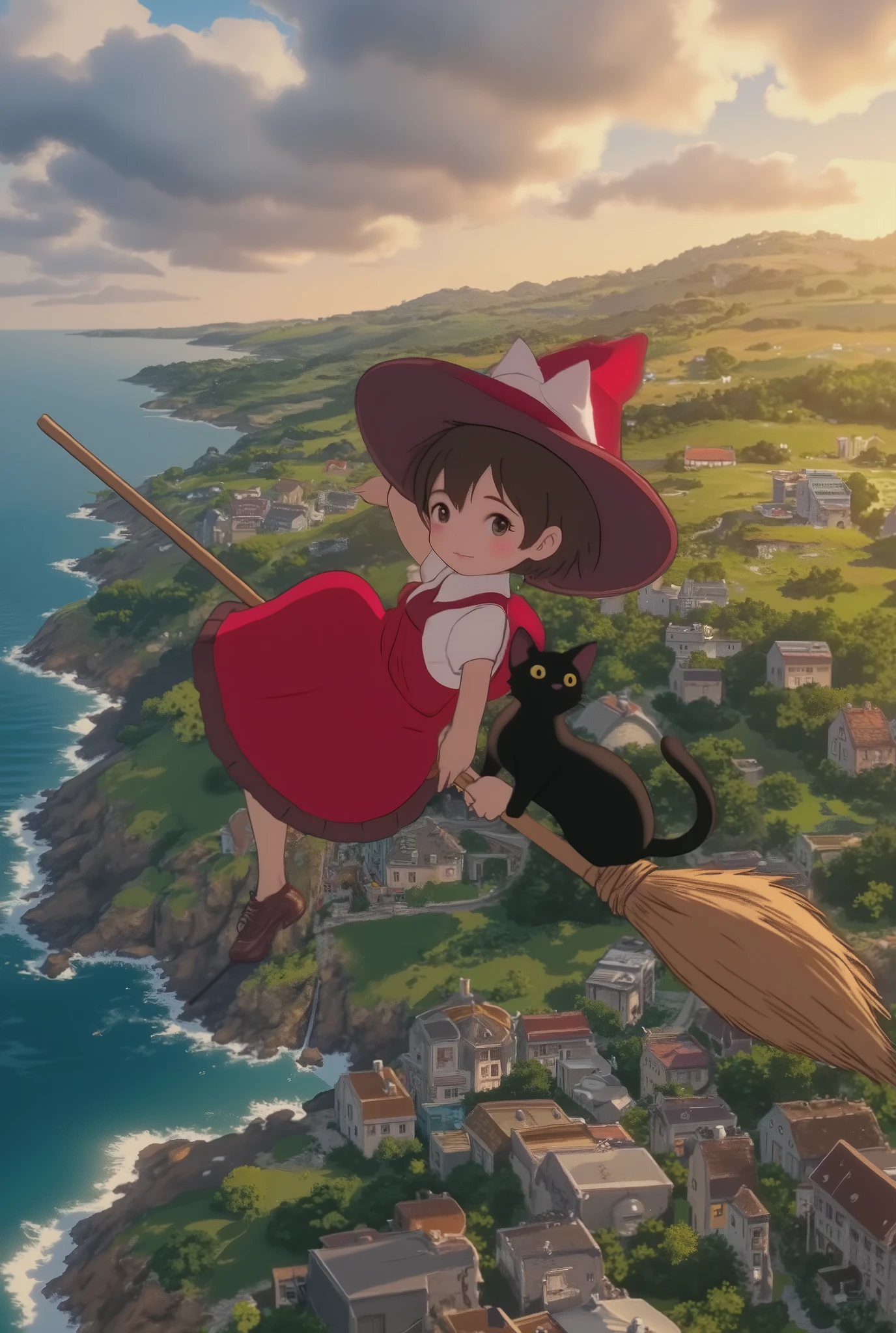 best quality 、 Top Masterpieces、 Award-winning work 、8k, Ghibli,  Kiki's Delivery Service , Fly through the air on a flying broom with a cat