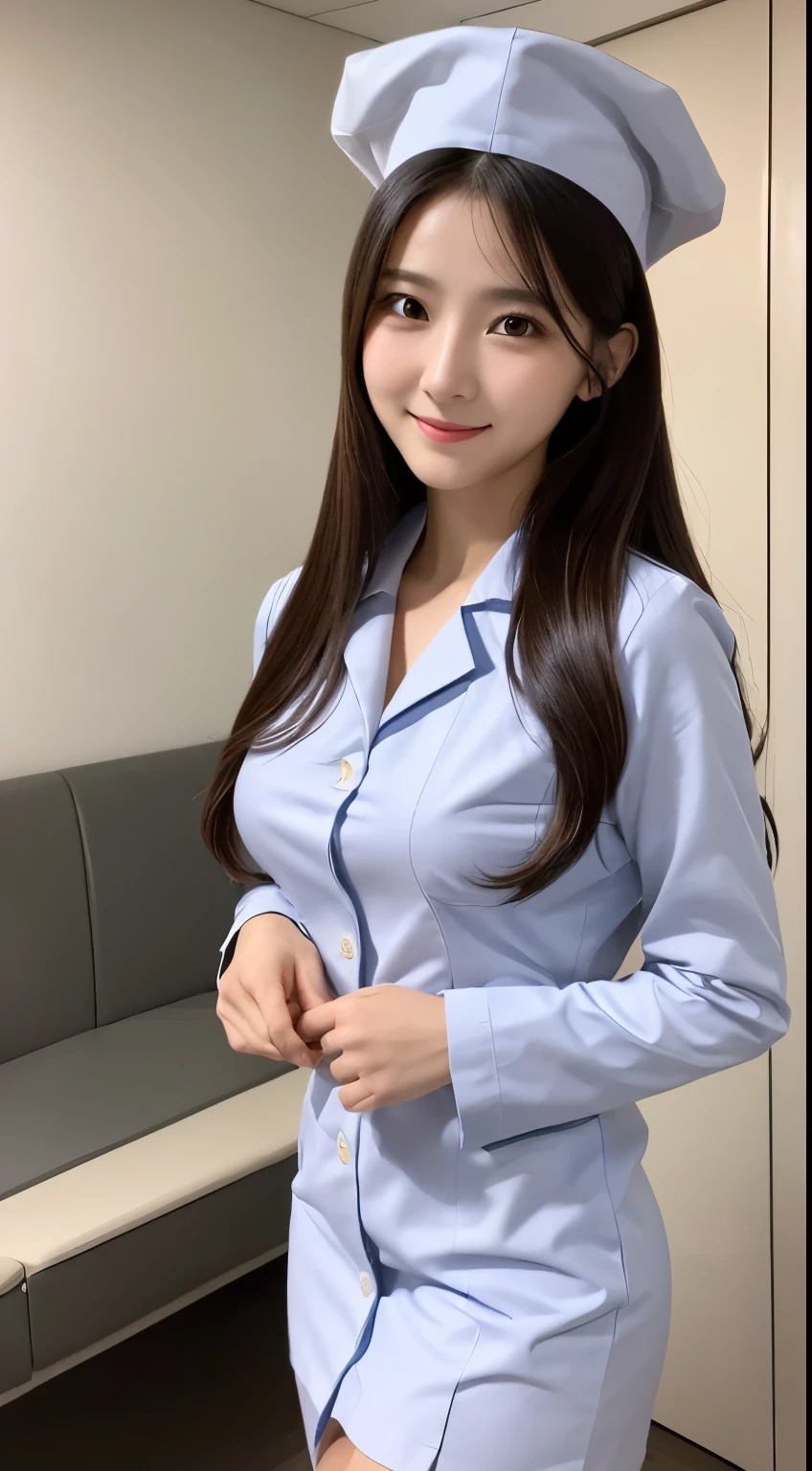 (highest quality,in 8K,masterpiece:1.3),(超A high resolution,Photorealistic:1.4,RAW shooting),(Ultra-detailed,Caustics,Perfect Anatomy),(Ultra-detailed background,Ultra-Realistic Capture,Beautiful and detailed eyes),(hospital room:1.1),(a white nurse uniform:1.1),nurse cap, mini skirt, Stand,Japanese,20-year-old,cute,smile,black long hair, Gal, Staring at this,Confused expression, Dynamic Lighting,Photographed from the front,long sleeve, Poses that accentuate the chest,full body