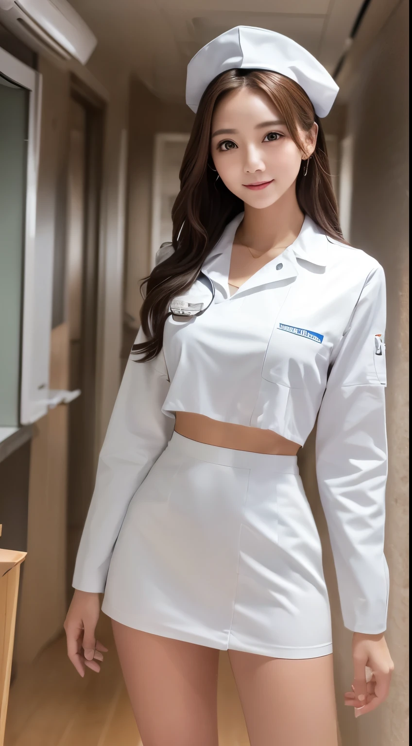 (highest quality,in 8K,masterpiece:1.3),(超A high resolution,Photorealistic:1.4,RAW shooting),(Ultra-detailed,Caustics,Perfect Anatomy),(Ultra-detailed background,Ultra-Realistic Capture,Beautiful and detailed eyes),(hospital room:1.1),(a white nurse uniform:1.1),nurse cap, mini skirt, Stand,Japanese,20-year-old,cute,smile,black long hair, Gal, Staring at this,Confused expression, Dynamic Lighting,Photographed from the front,long sleeve, Poses that accentuate the chest,full body