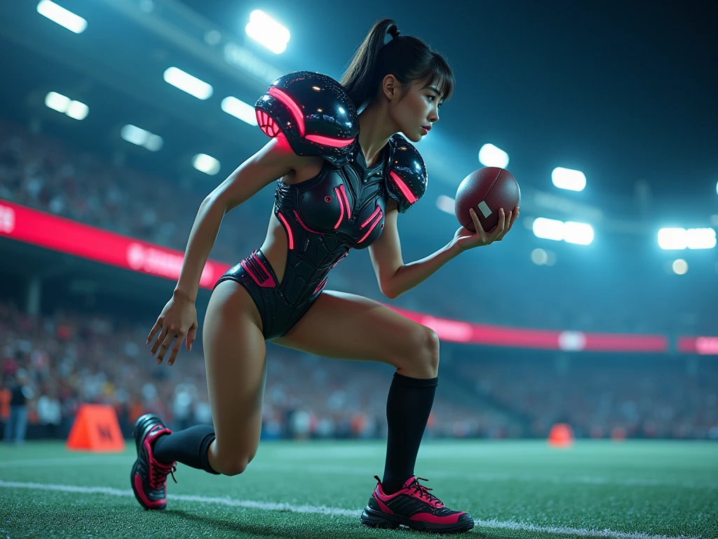 photo-realistic, ultra-realistic, (very beautiful Japanese girl, famous Japanese idol:1.3), dramatic scene, masterpiece, beautiful eyes, (wearing a form fitting cyber punk mecha-suits with futuristic neon markers that looks like a basketball uniform:1.5), (she is playing extremely acrobatic basketball at stadium:1.5), amazing view of a lot of spectators, (acrobatic pose), dynamic angle, spectacular, Nimble movements, Sharp turns, (very large breasts), ball
