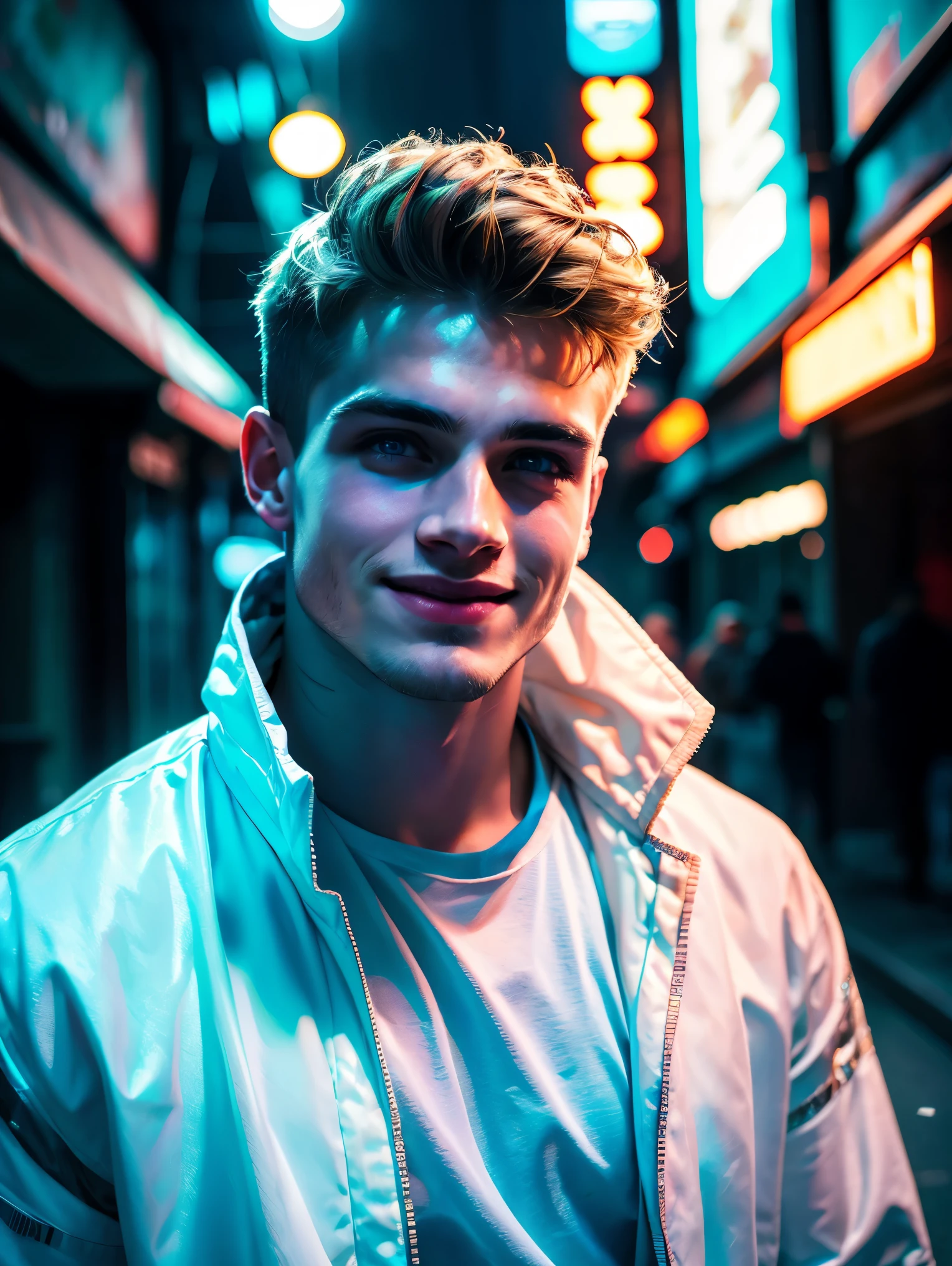 realistic, masterpiece, best quality, cinematic, dynamic lighting, soft shadow, highest detail, professional photography, detailed background, depth of field, insane details, intricate, aesthetic, detailed face, subsurface scattering, realistic hair, realistic eyes, 1man, 30 years old, muscular, Portrait photo of a handsome man wearing long white coat, white t-shirt, jeans, blue tattoos, blond hair, blue eyes, wearing glowing blue and silver jewelry, smile, (neon lights), sharp focus, futuristic city street, soft lighting, vibrant colors, facing camera, vibrant colors,