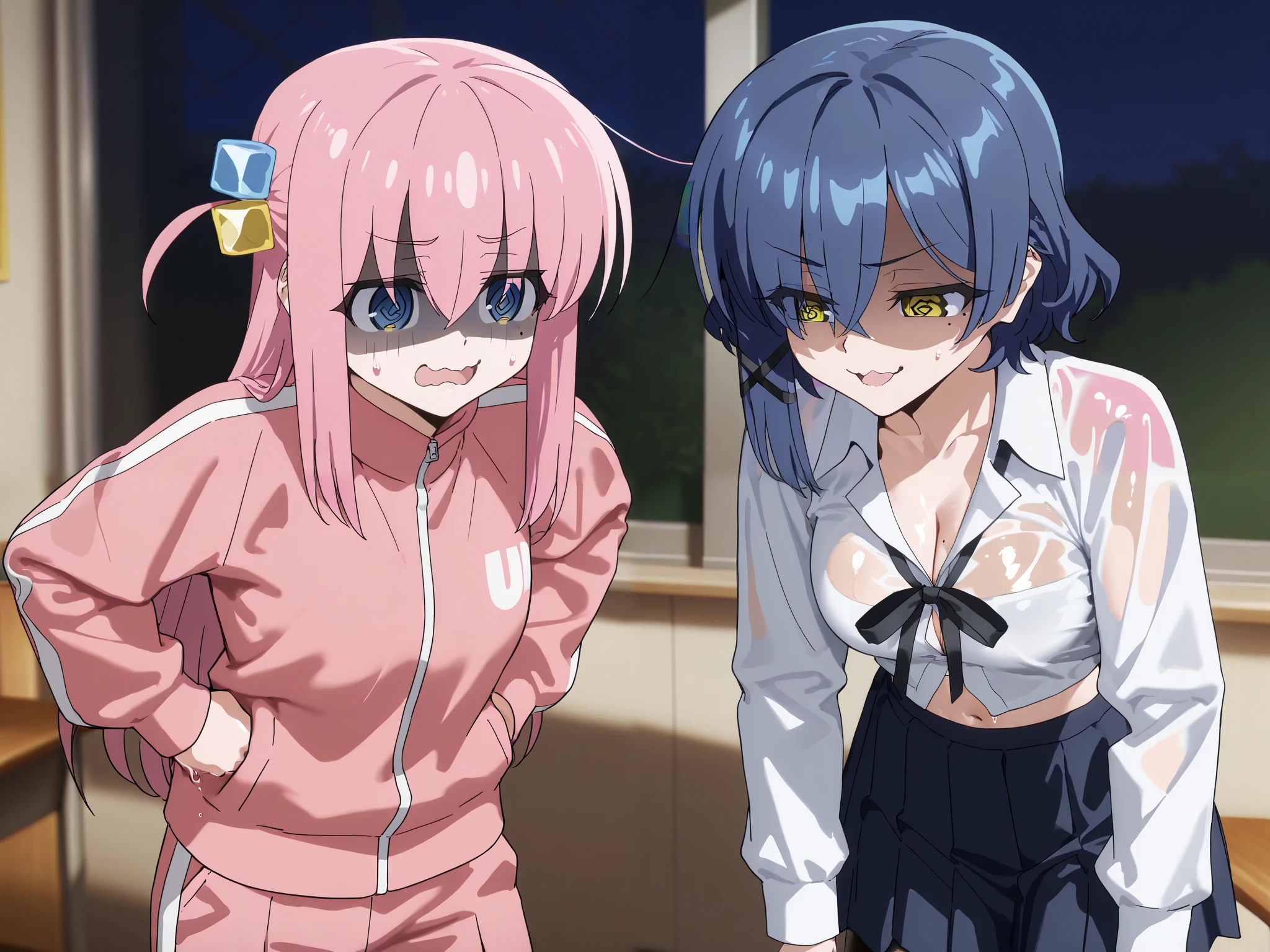 2 girls , Yukinoshita Yukino , yuigahama yui&#39;great bust and hips, waltz dance , uniform,black blazer,white shirt,ribbon,Light pink lace panties,white lace panties,(pussy line:1.0),thighs,high angle,look at the camera,(I&#39;I&#39;I&#39;m embarrassed and blushing),crying face,lowered eyebrows,downtown at night