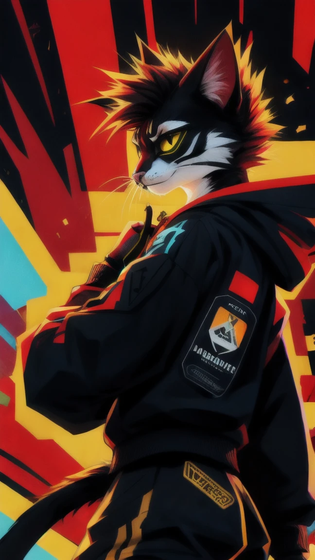 anthro cat, swaggy, defying look, angular style, edgy, bottom view, strong perspective, colorful, detailed style, (portrait:0.7), techwear hoodie, abstract background, relaxed, side view,