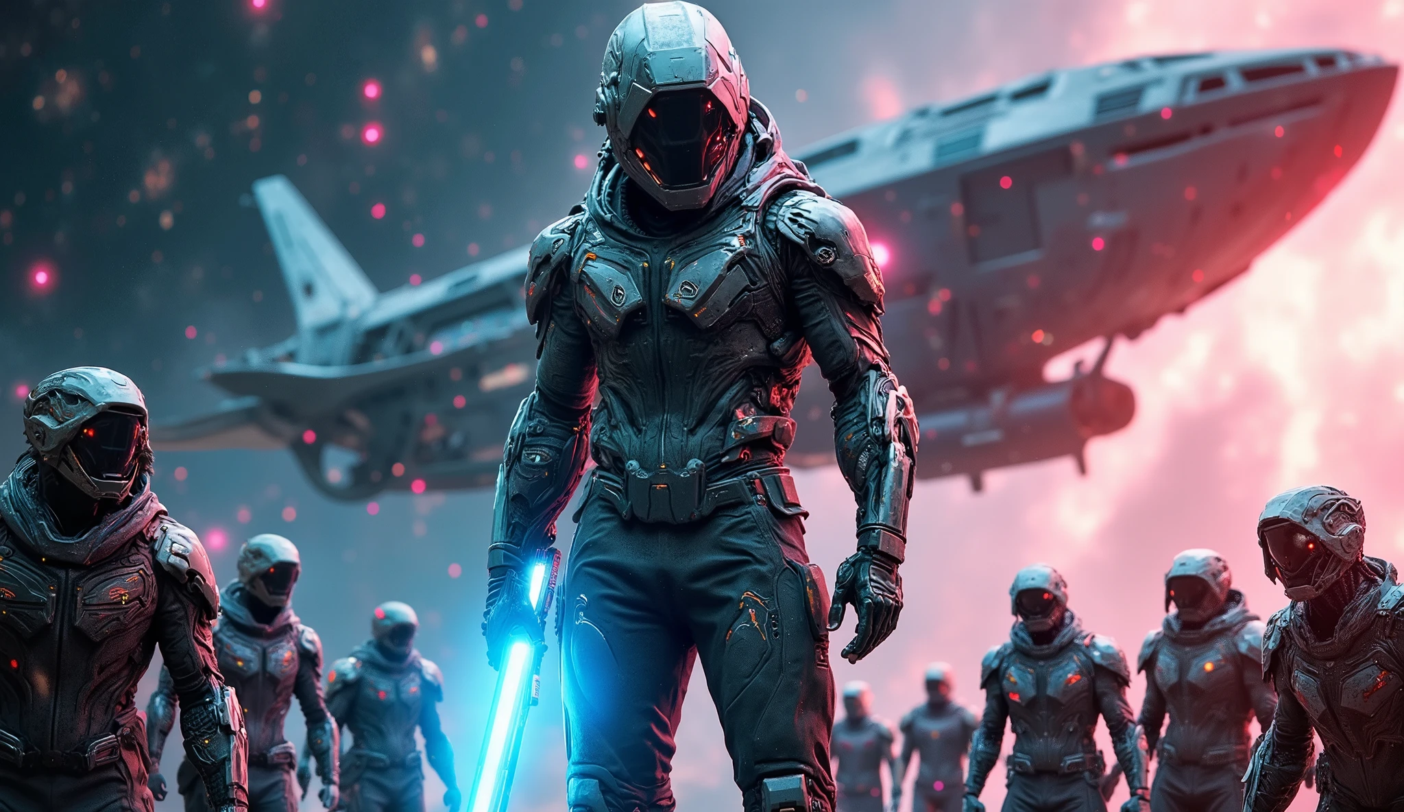 A visually striking and action-packed scene: A heroic human figure in a futuristic, high-tech spacesuit stands confidently at the forefront, holding a glowing energy weapon. Behind them, a massive, sleek starship looms against a backdrop of swirling galaxies and distant stars. Surrounding the figure are various alien species—some injured, others awestruck—reaching out toward the human with expressions of gratitude.