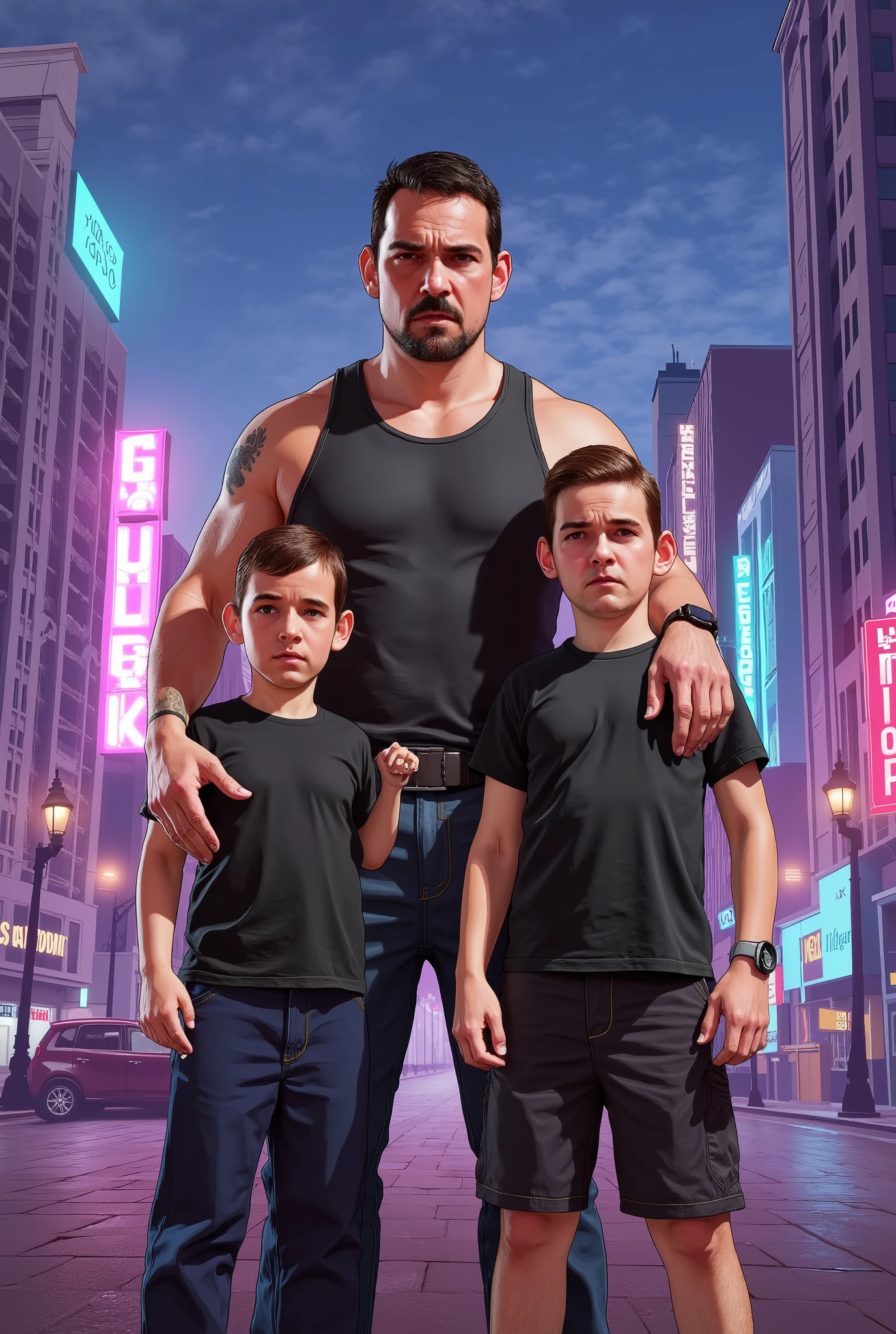 A colorful illustration, GTA style, of The father and two son  and 8yoadass. 