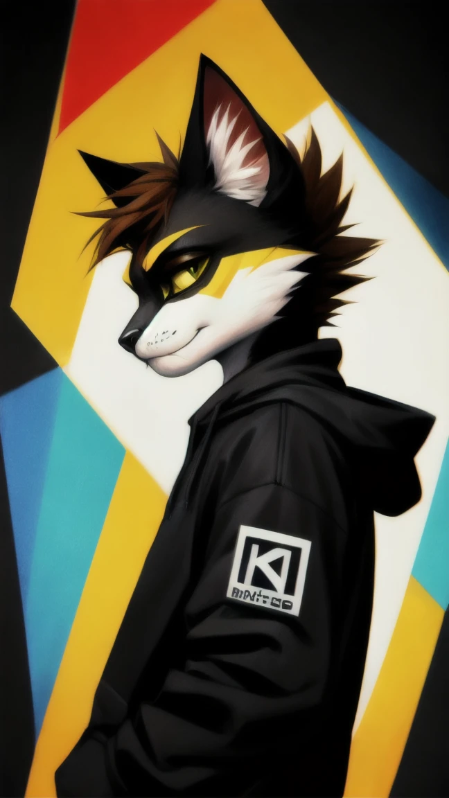 anthro cat, swaggy, defying look, angular style, edgy, bottom view, strong perspective, colorful, detailed style, (portrait:0.7), techwear hoodie, abstract background, relaxed, side view,