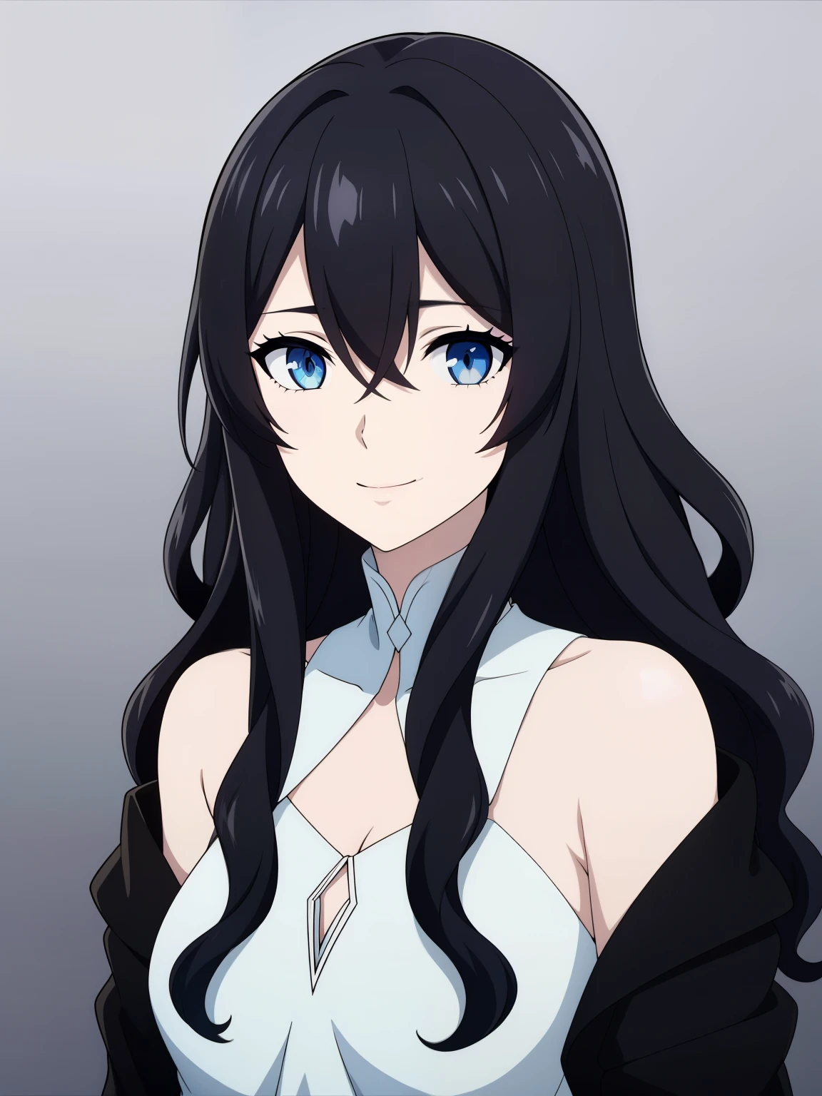 (high-quality, breathtaking),(expressive eyes, perfect face) 1girl, female, solo, black hair, medium hair length, brown blue eyes, cute smile, positive expresion, black background, portrait, symmetrical eyes, pale skin, sickly, hair between eyes, long sleeves, white dress, bare shoulders, jacket, firefly, grey background, wavy curly hair, gradient hair, modern clothing