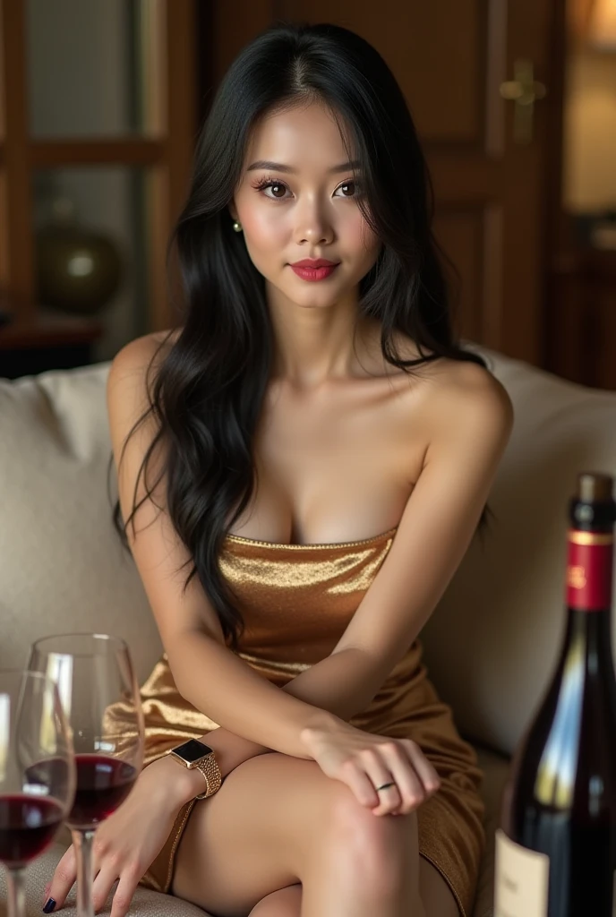 cinematic photography of skinny beautiful China sensual actress Li Bingbing sitting on the floor without wearing anything. She is posing behind her cat, while she is holding a wine glass in her hand. Her cat is also lying on the floor, fully covering her crotch. Li Bingbing's long wavy hair is flowing on her chest, covering her bust. Li Bingbing half nudist appearances while holding a wine glass and the cat on her crotch are the main focus of this sensual image. The sensual photo purpose is for a wine advertisement.