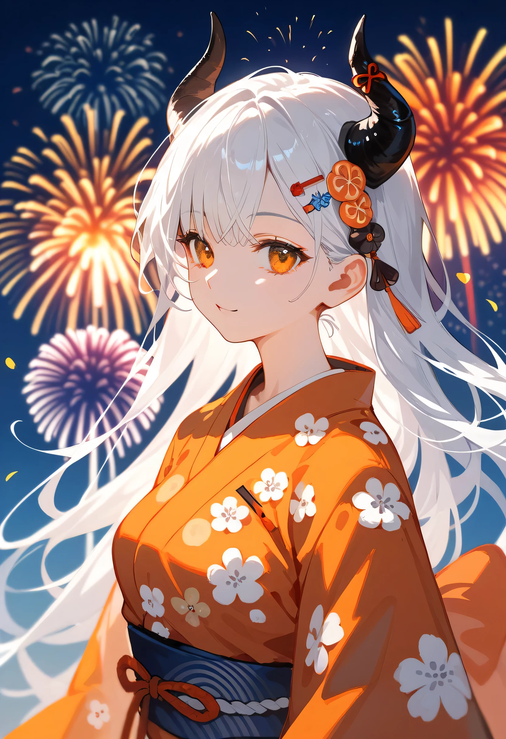 girl, long hair, I have collected ,I have hairpins  ,White hair, Wearing an orange-patterned kimono, with orange eyes ,Two black horns on the left and right of the head,  Medium chest , Beautiful ,fireworks in the sky,Flowers