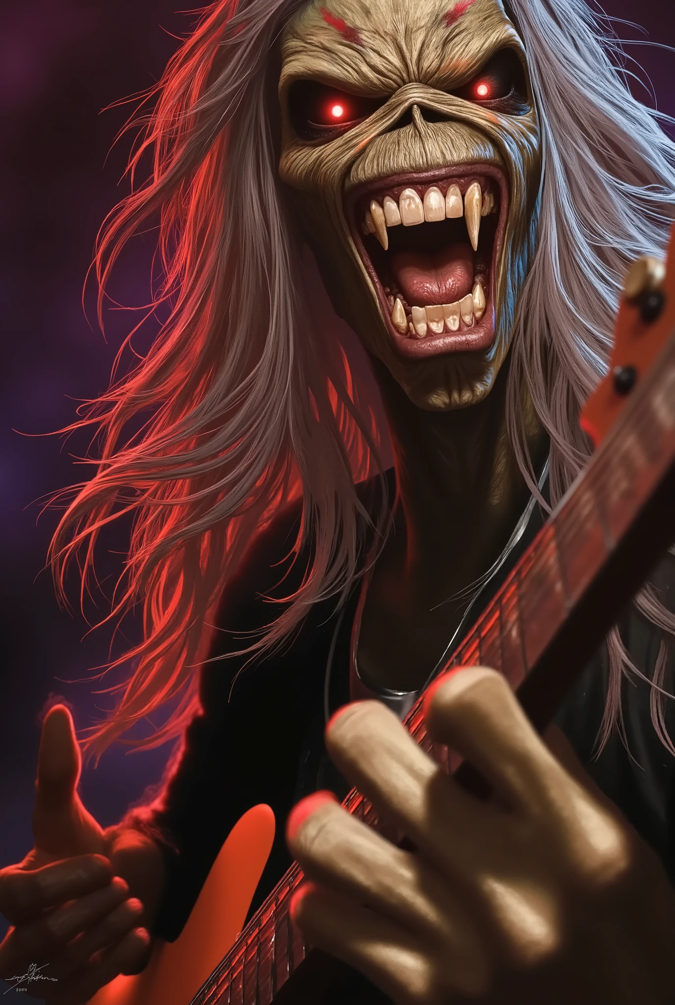 Close-up face , Eddie in dynamic zombie pose ((wearing múmia costume )), múmia clothes, raiva, (((playing guitar))), Estilo Iron Maiden, Eddie do Iron Maiden. foto crua de alta qualidade, excellent composition (cinematic lighting, cinematic colors, texto, obra de arte, alto detalhe, melhor qualidade, fotorrealismo, Ultrarrealismo, 8K HDR: 1.2), abstract galaxy and thunder background.