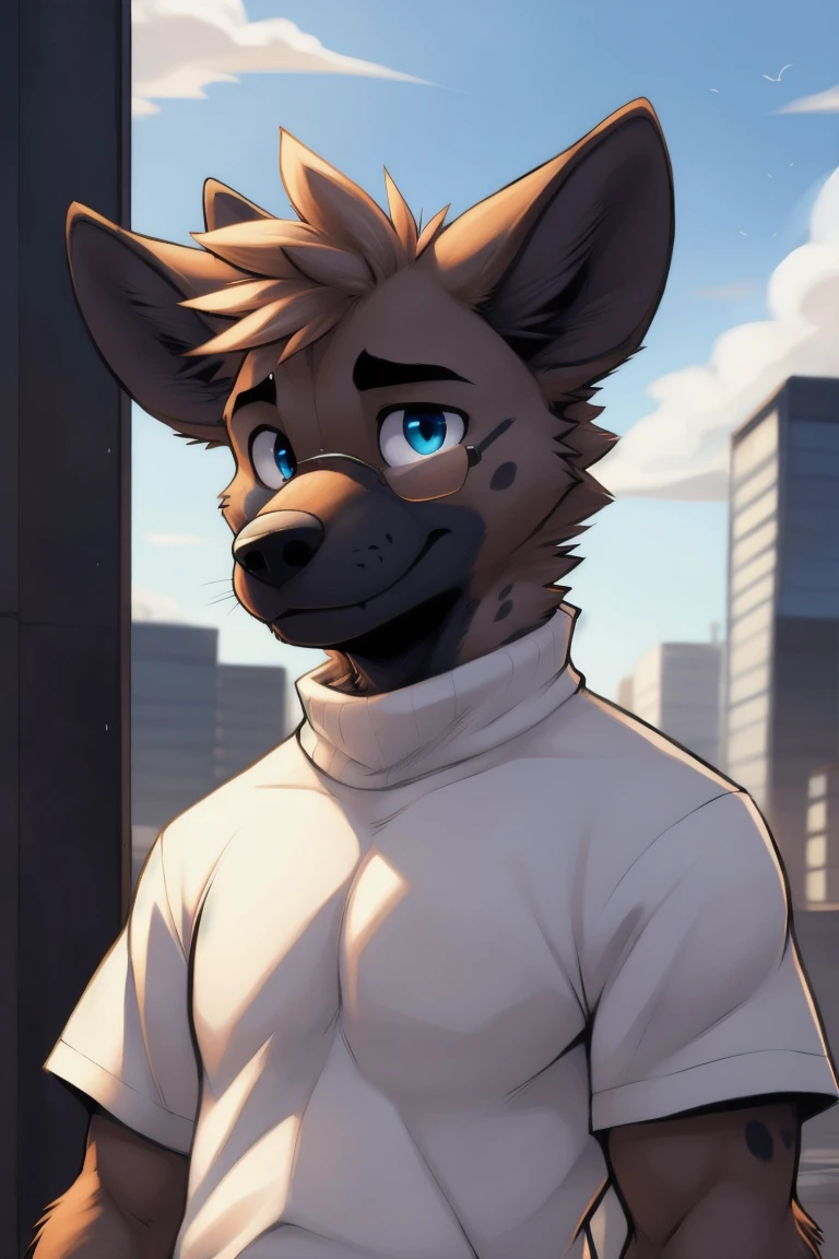masterpiece, best quality, nj5furry,furry male, 1boy, furry, male focus, solo,animal ears, formal, wolf ears,wolf boy, smile ,
white fur, yellow fur, brown fur, two-tone fur,black eyes, black shirt, red hood, black hoodie,  thick eyebrows, tail, scar on eye,yellow ears, 
((full body,)), 
by chunie