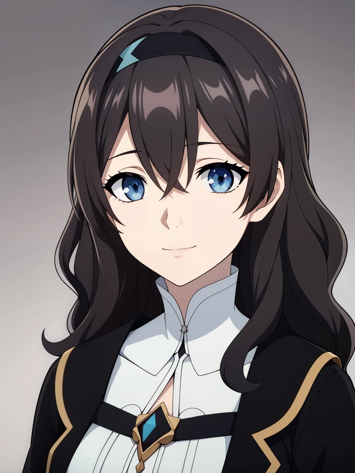 (high-quality, breathtaking),(expressive eyes, perfect face) 1girl, female, solo, black hair, medium hair length, brown blue eyes, cute smile, positive expresion, black background, portrait, symmetrical eyes, pale skin, sickly, hair between eyes, white dress,  jacket, firefly, grey background, wavy curly hair, gradient hair, modern clothing, headband, hair accessory
