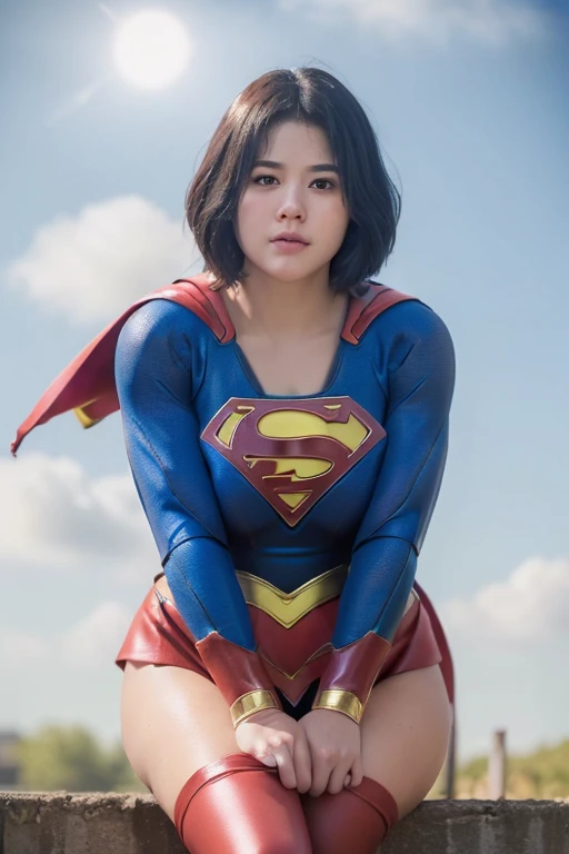(Photorealistic:1.37), Highest Quality, masutepiece, high resolution, (Healthy skin tone), BREAK, Solo, Cinematic, fighting poses, (She wears DC's Supergirl costume suit:1.2), A fearless smile appears on her beautiful face, Elegant, Light brown short hair, Beautiful body like a supple athlete, Very sparkly oily skin, Large breasts, Big hips, plein air, Skyscraper Area, BREAK, Highly detailed beautiful eyes and face, Detailed fabric texture, Insanely detailed realistic skin texture, (Correct body balance), Top-quality lighting that doesn't darken your face when backlit