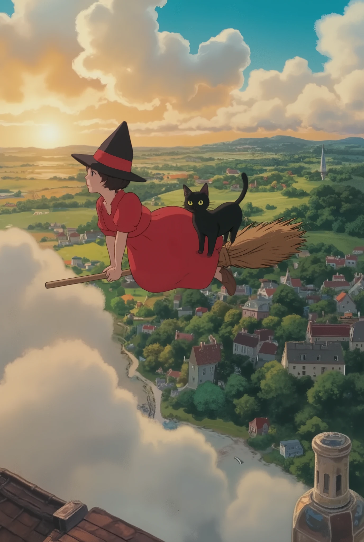  best quality 、 Top Masterpieces、 Award-winning work 、8k, Ghibli,  Kiki's Delivery Service , Fly through the air on a flying broom with a cat