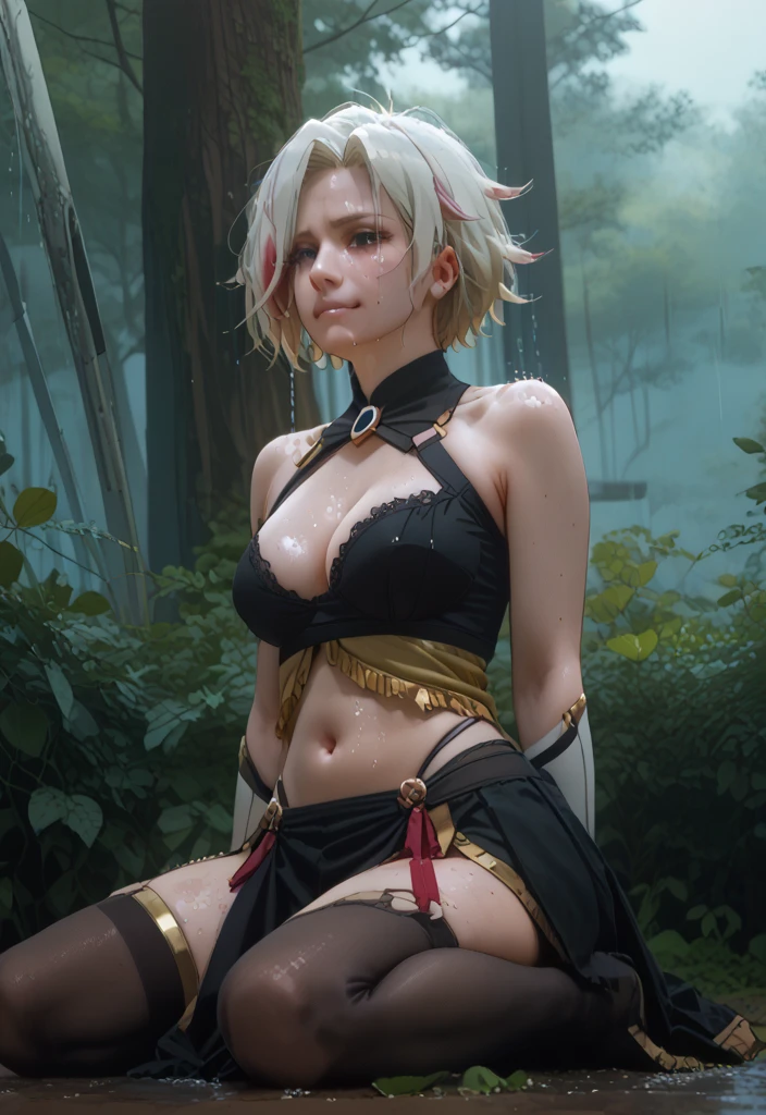 Biting lip, concerned look, Short hair, white hair, ((white hair with blue tips)), ((((green eyes)))), small breasts, arms behind back, (((rope, bondage, shibari))), basement, casual clothes, dark clothes, ((black t-shirt)), best quality, high-res, masterpiece, mature, woman