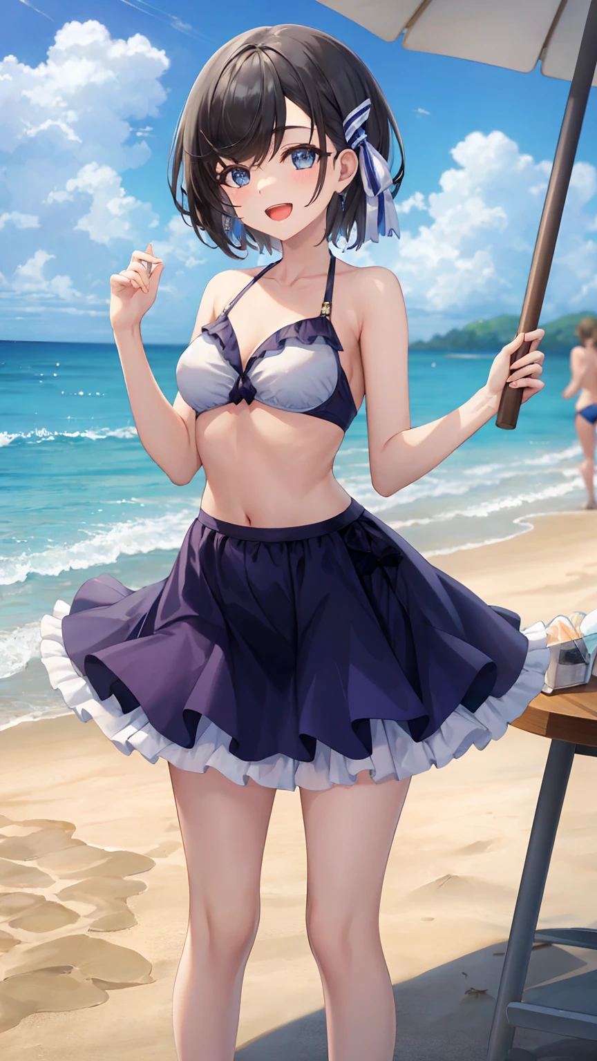 ((masterpiece, Highest quality, High resolution, 超High resolution, Pixel perfect, Written boundary depth, 4K, RTTX 10.0, High resolution))), 1 person, single, alone, Beautiful Anime, Beautiful art style, Anime characters, ((Shortcuts, bangs, Dark brown hair)), ((Green Eyes:1.4, Round eyes, Beautiful eyelashes, current eyes)), ((Smooth texture:0.75, Anime CG style)), ((Dynamic Angle, close)), Perfect body, (cute), Normal chest, whole body, ((4K, 8k, Highest quality, Perfect Fingers: 1.3, Perfect Anatomy: 1.3, Background Blur)), whole bodyアングル, Illustrations depicting summer memories, The character is a girl with a bright smile.、Having a good time with friends under the blue sky, She plays on the beach and by the pool, Blue sky on background, White cloud, Sandy beaches and lush greenery、A landscape symbolizing summer unfolds