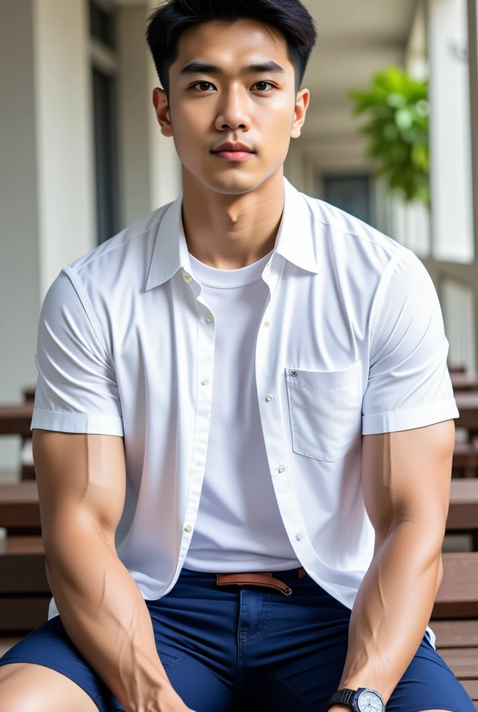 Thai man with short buzz cut hairstyle, handsome, muscular, big muscles, broad shoulders. Model wearing a black t-shirt, standing and smiling.