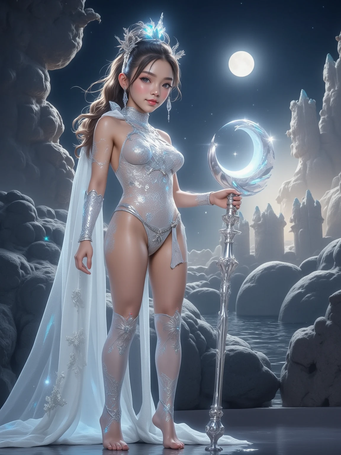 A young 15- yr old native Australian girl with lovely charming face,( brown skin texture masterpiece), (smiling with exposed teeths showing)(perfect full body detailed anatomy), (Super accessories detailed), (meditating ), (perfect detailed bright sparkling eyes),( short illuminating silver crystalized hair), ((expose big hard erect nipples))(( exposed panty ))((legs wide open showing pussy line))(( Wearing transparent illuminating costume of a magician)), holding a treasure staff or wand (( illuminating different lights covering the sorrounding atmosphere)) on its back wearing beautiful large top hat with butterfly wings detailed design, The character solemnly praying, 7 different perspective view of that same girl & face profile sheet character style