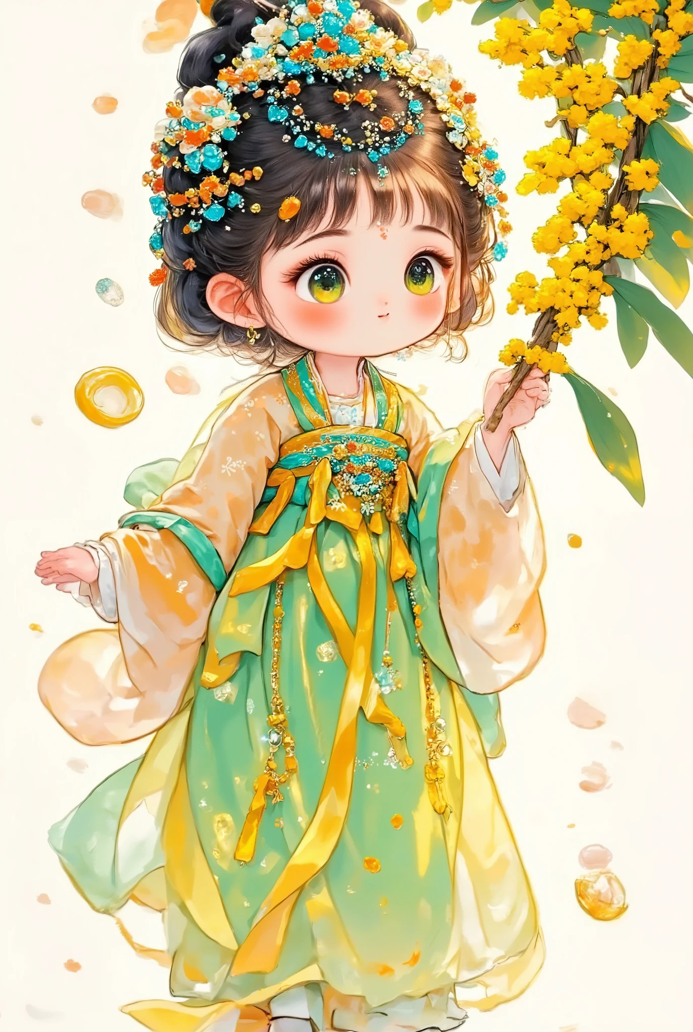 ( masterpiece,      Premium quality:1.2),        cartoon style character design    ,    1 woman holding an umbrella,  Unique ，     big eyes，     with cute expressions       ，surprise, Two hairpins    ，  Chinese clothing 