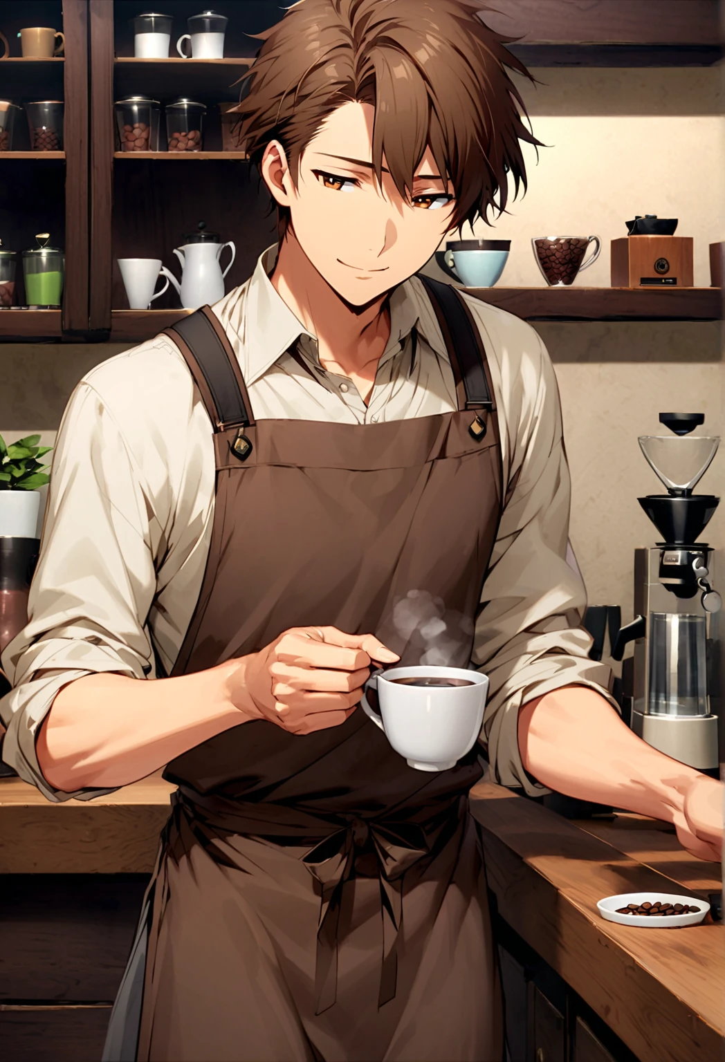 male、Carrying a cup、Cafe staff、Brown Hair、Glasses、White shirt、Brown apron、profile